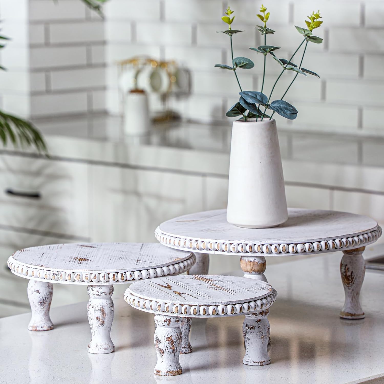 Thyle Rustic Round Wood Tray Riser Set of 3 White