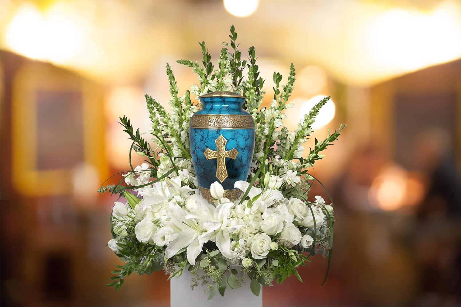 Blue Cross Cremation Urn for Ashes - Handcrafted Decorative Urn