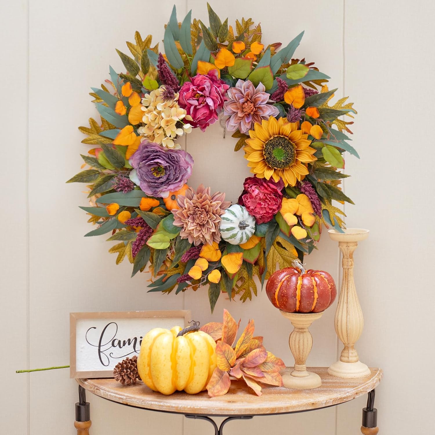 24 Inch Fall Wreath with Sunflowers Pumpkins Peonies Hydrangeas Dahlias Eucalyptus