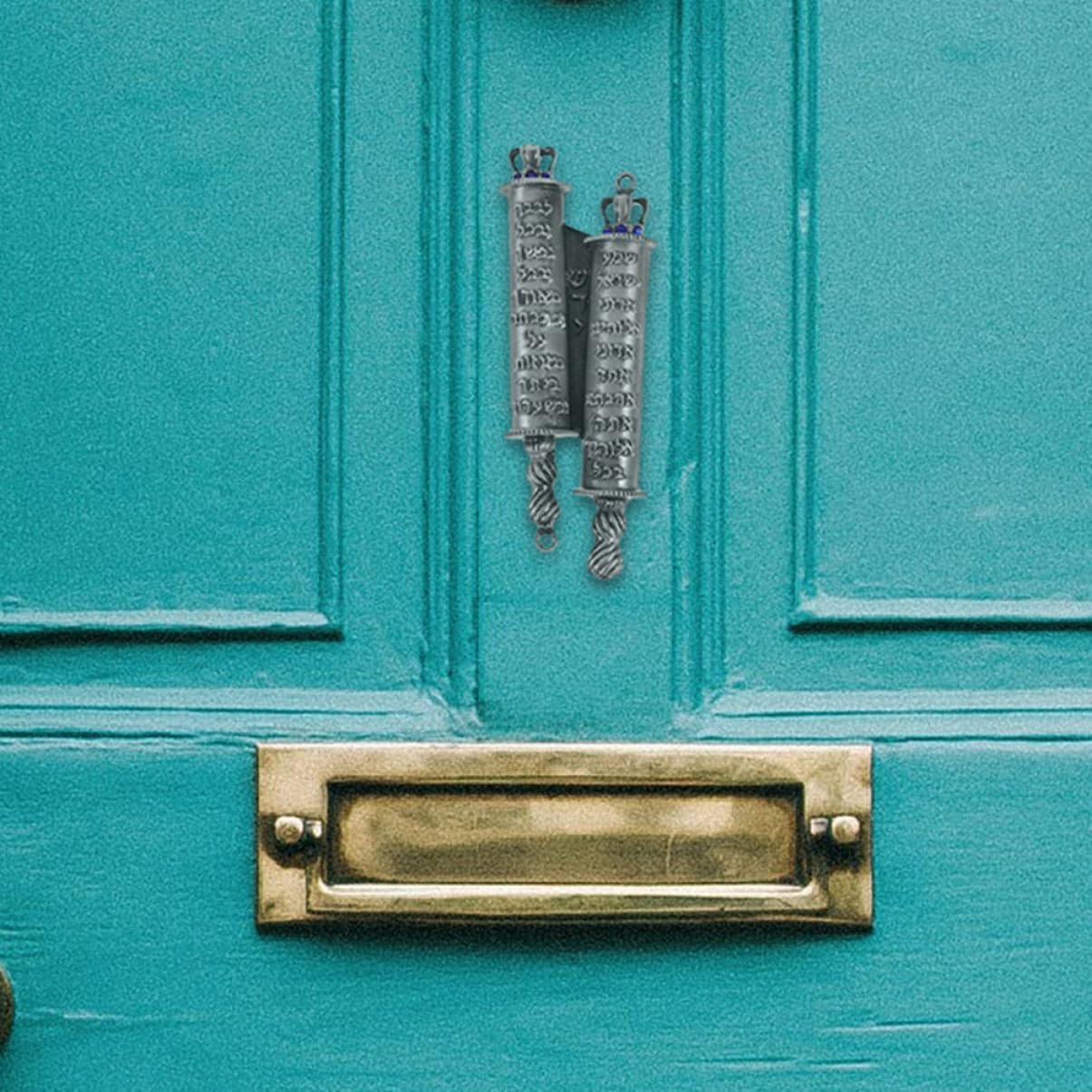 2 Piece Metal Mezuzah Set with Engraved Blessings for Front Door
