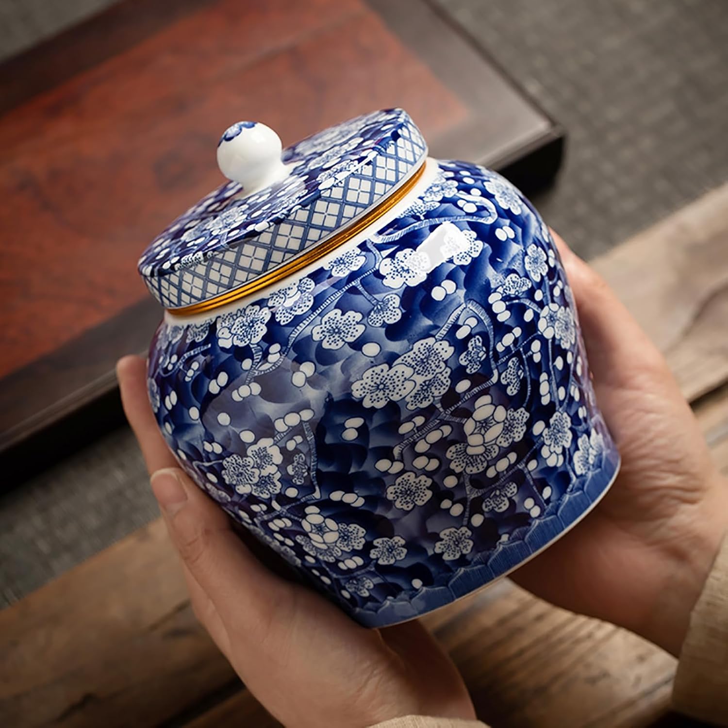 Medium Blue and White Ceramic Urn for Ashes