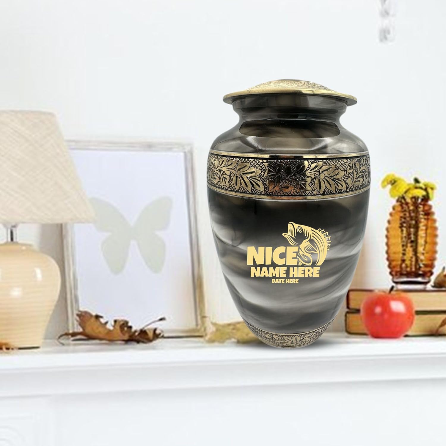 Custom Cremation Urn for Fishing Lovers - Engraved Names Bass Design in Gold