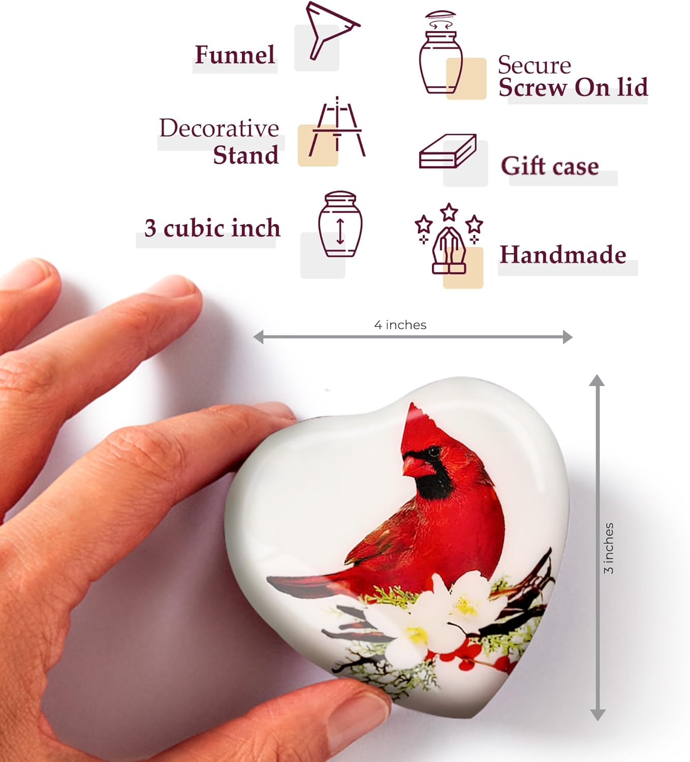 Trupoint Memorials Red Cardinal Heart Urn with Stand