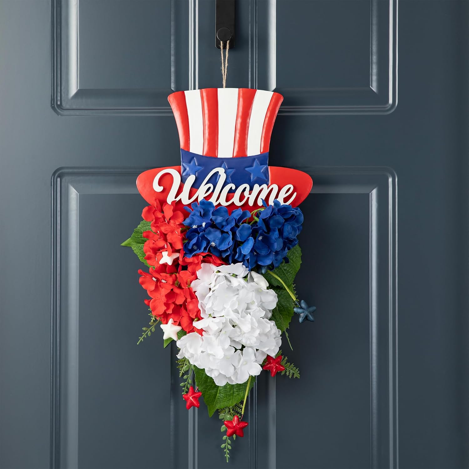 Glitzhome 22 Inch Patriotic Top Hat Hydrangea Wall Decor