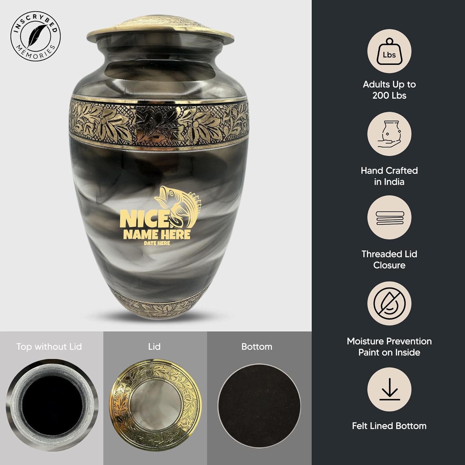 Custom Cremation Urn for Fishing Lovers - Engraved Names Bass Design in Gold