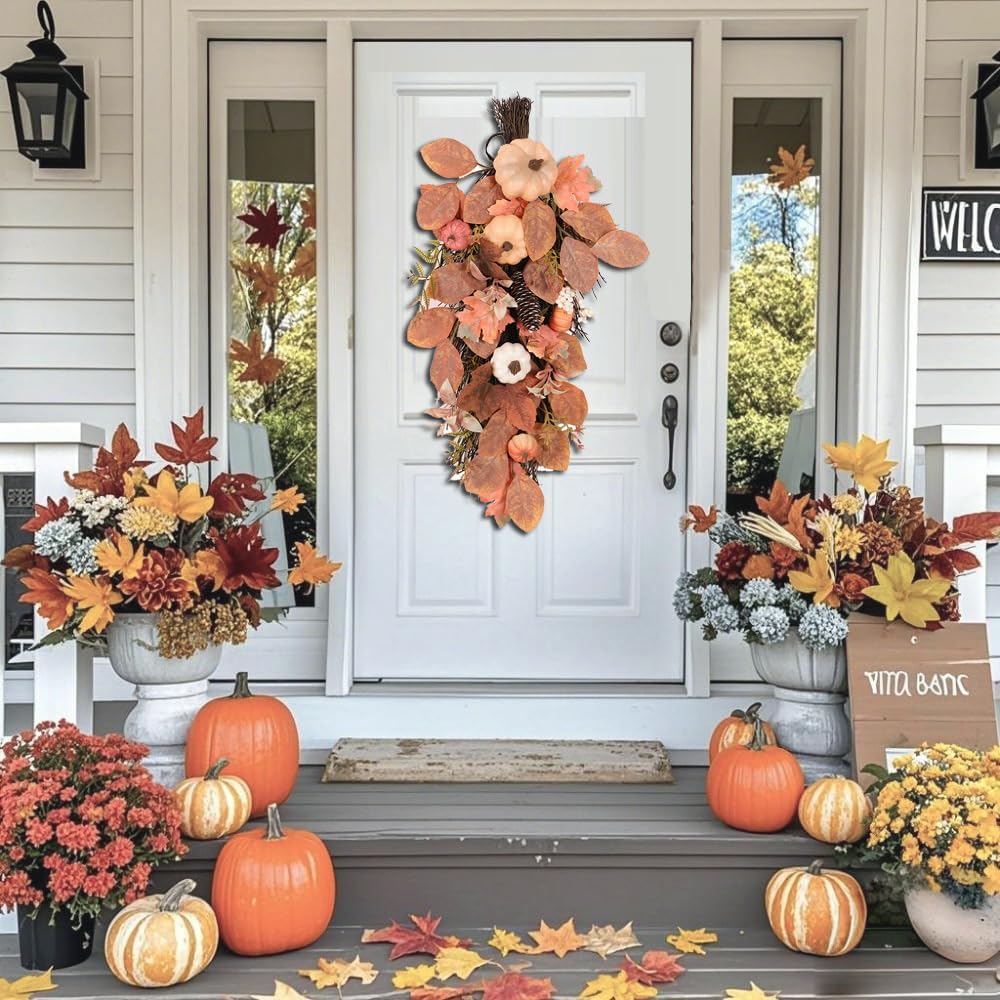 Artificial Fall Teardrop Wreath 26 Inch Seasonal Decor