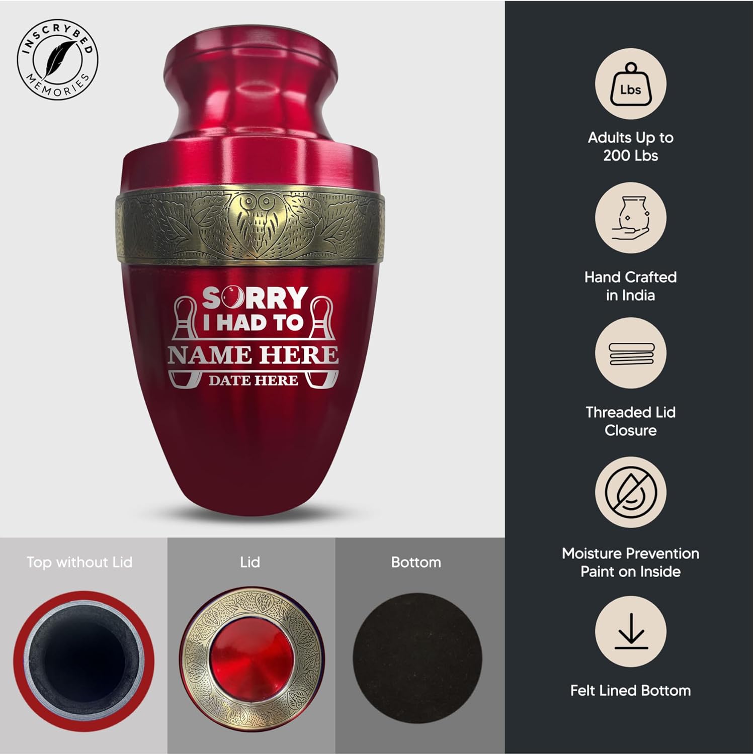 Elite Funny Bowling Urn with Custom Engraving Gold Rim 200 Lbs Capacity Red
