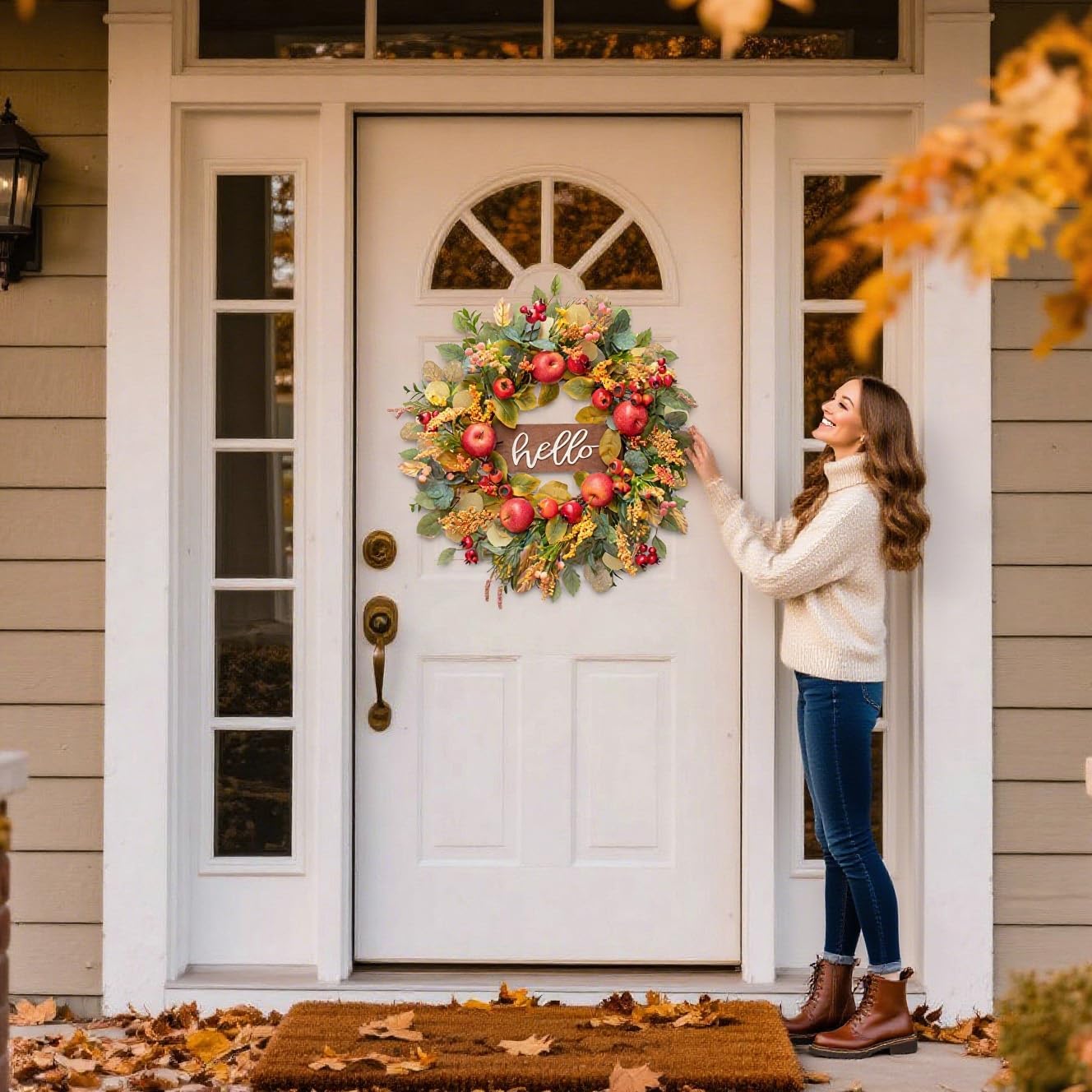 24 Inch Fall Wreath with Apples and Wooden Hello Sign