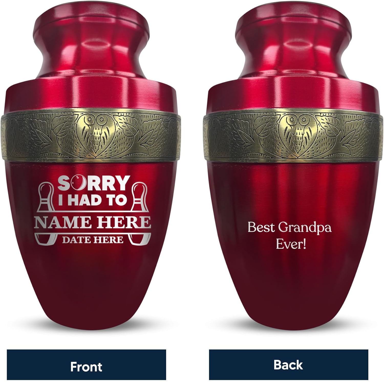 Elite Funny Bowling Urn with Custom Engraving Gold Rim 200 Lbs Capacity Red