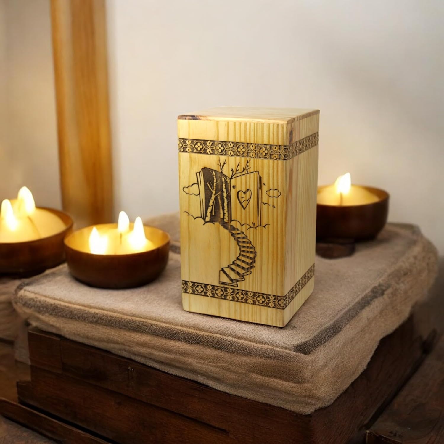 Handcrafted Wooden Cremation Urn with Stairway to Heaven Design