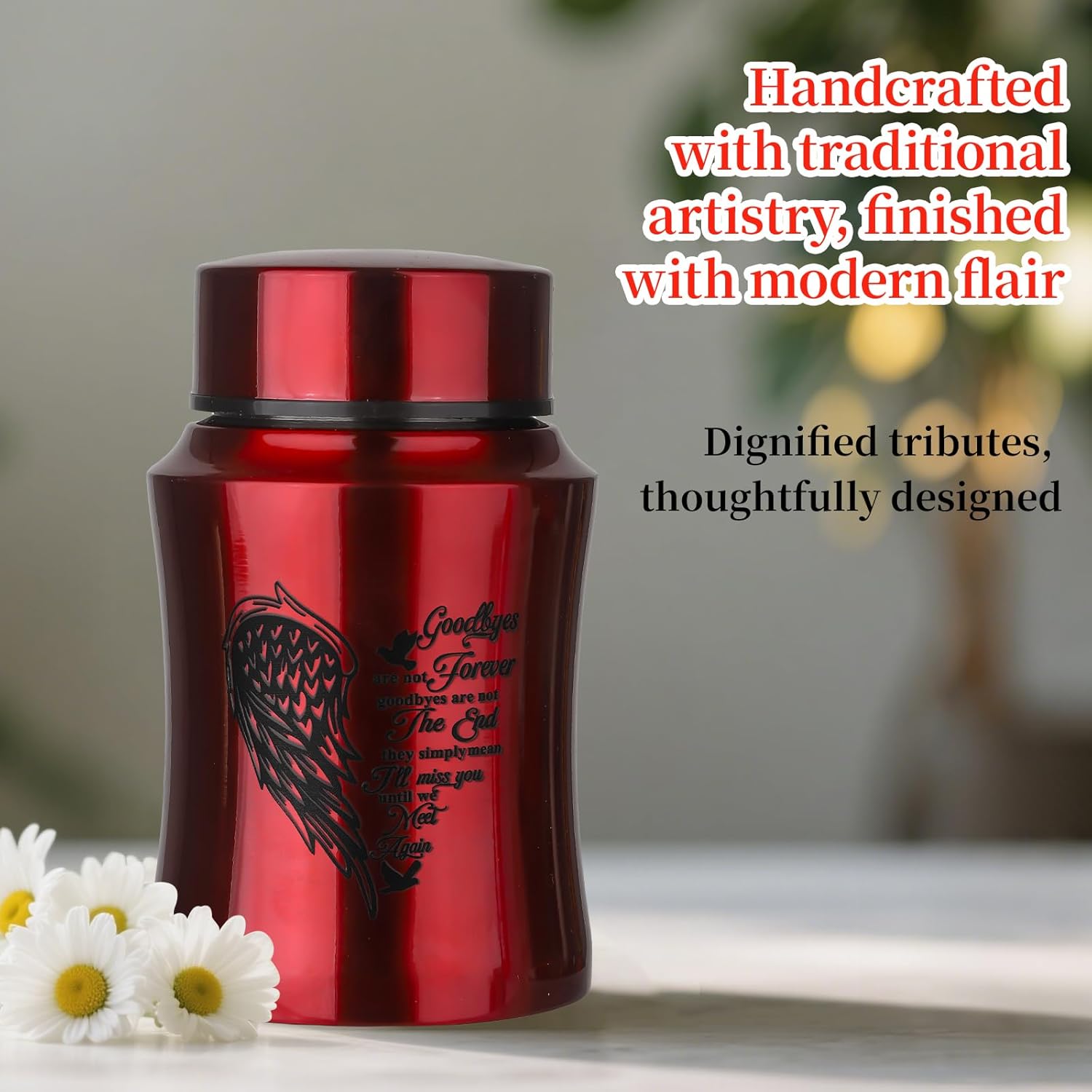 45 Inches Medium Urn for Human Ashes - Red Heart Angel Wings Design