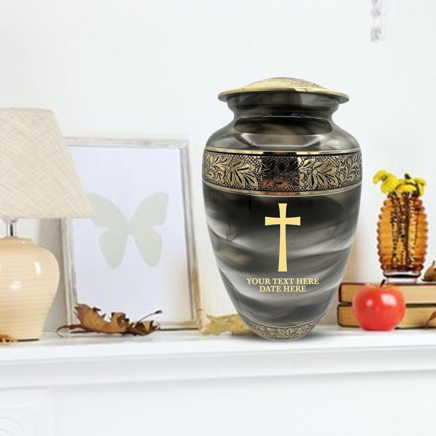 Custom Cremation Urn - Personalized Engraved Name Dates and Memorial Cross in Gold