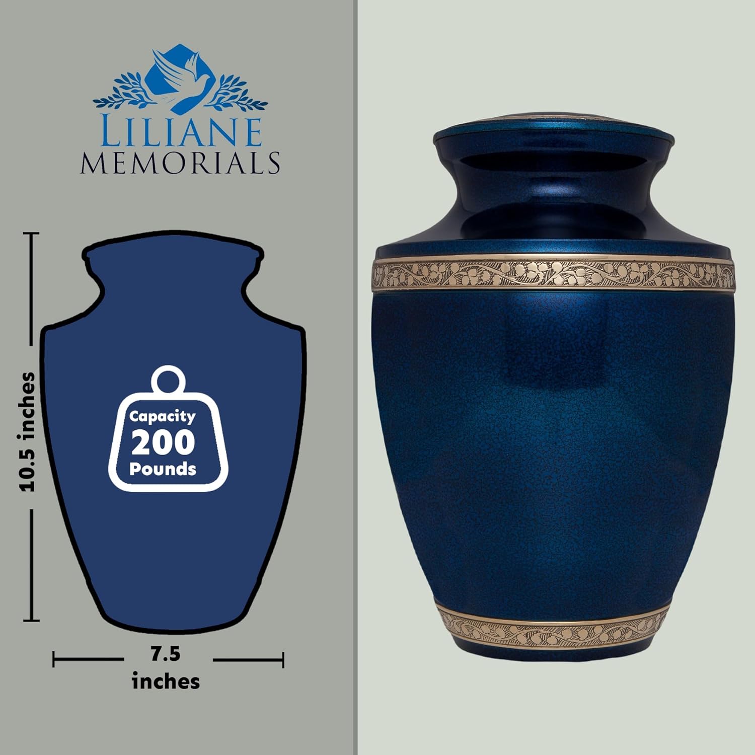 Blue Brass Cremation Urn - Torino Model for Adult Ashes