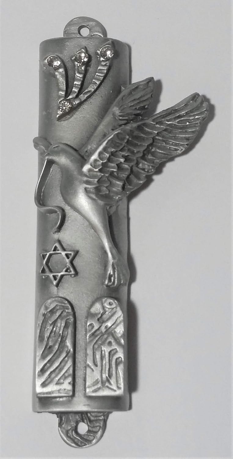Pewter Mezuzah Peace Dove with Crystal and Scroll