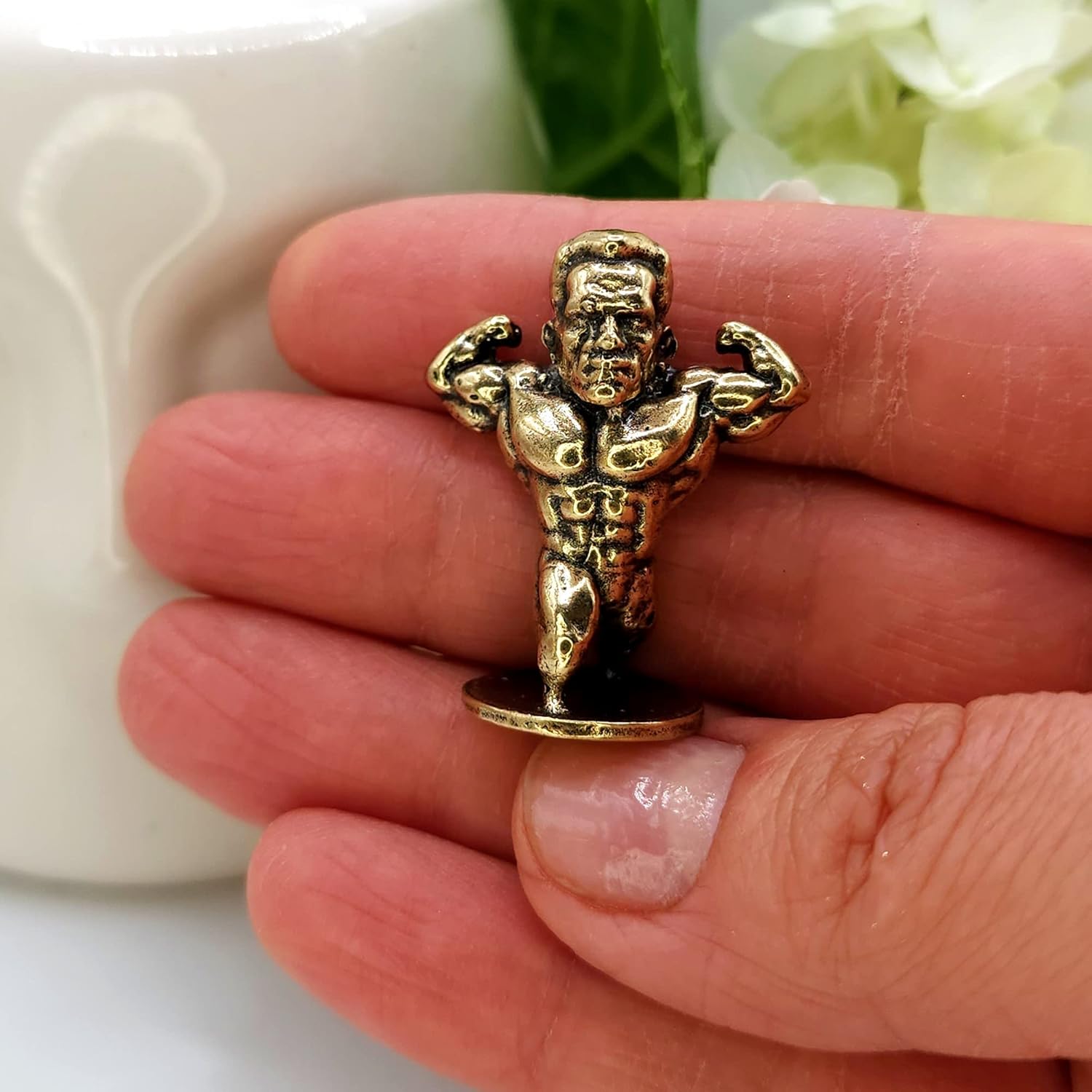 Brass Weightlifter Sculpture - Miniature Bodybuilder Statue