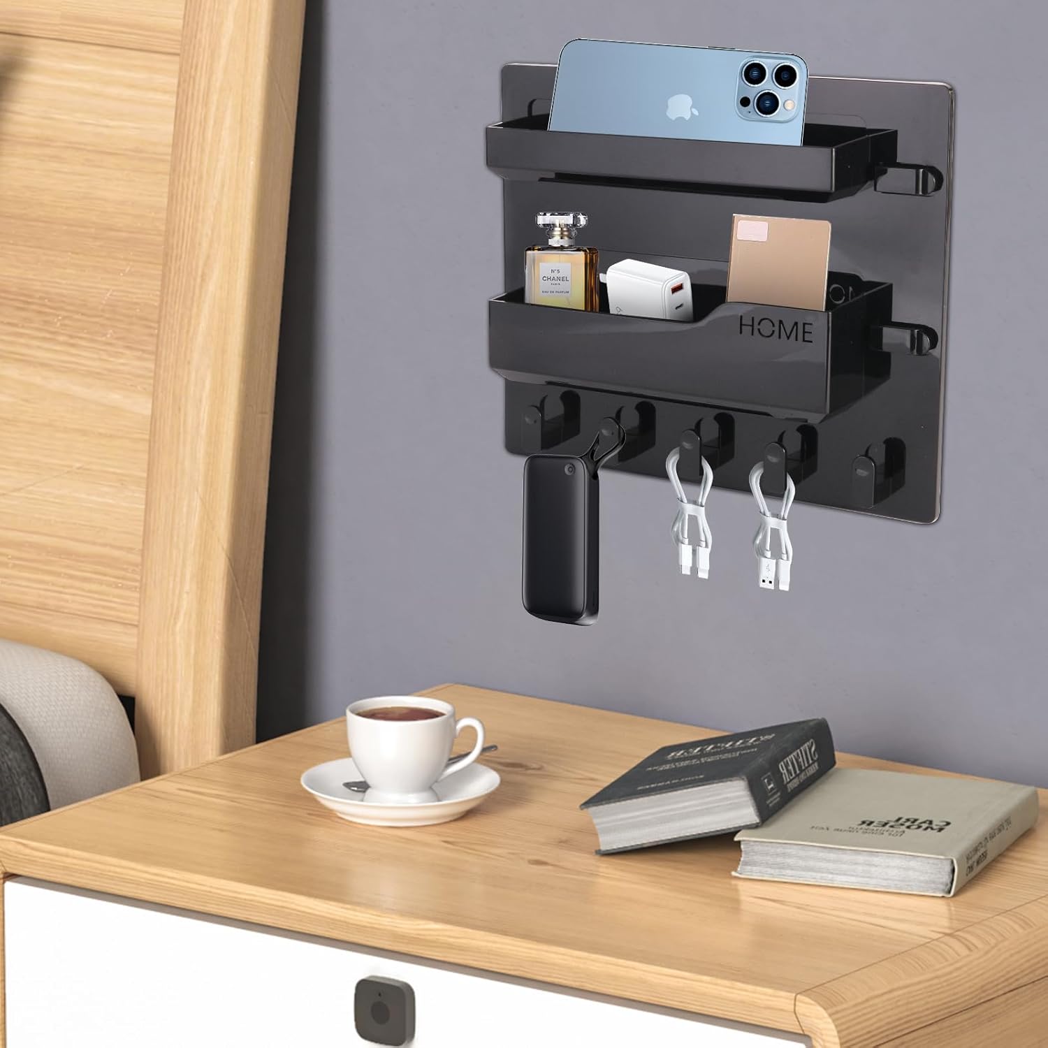 Meaocer Bedside Shelf Wall Mount Organizer - 5 Hooks Black Style