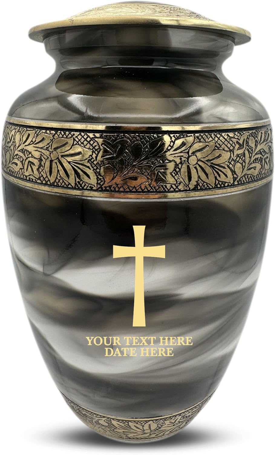 Custom Cremation Urn - Personalized Engraved Name Dates and Memorial Cross in Gold