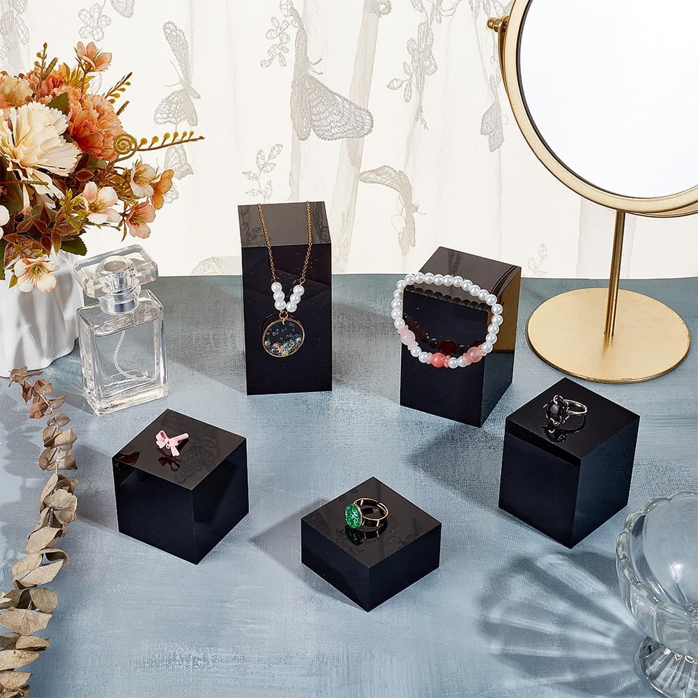 BENECREAT 5pcs Black Acrylic Cube Display Blocks with Different Heights