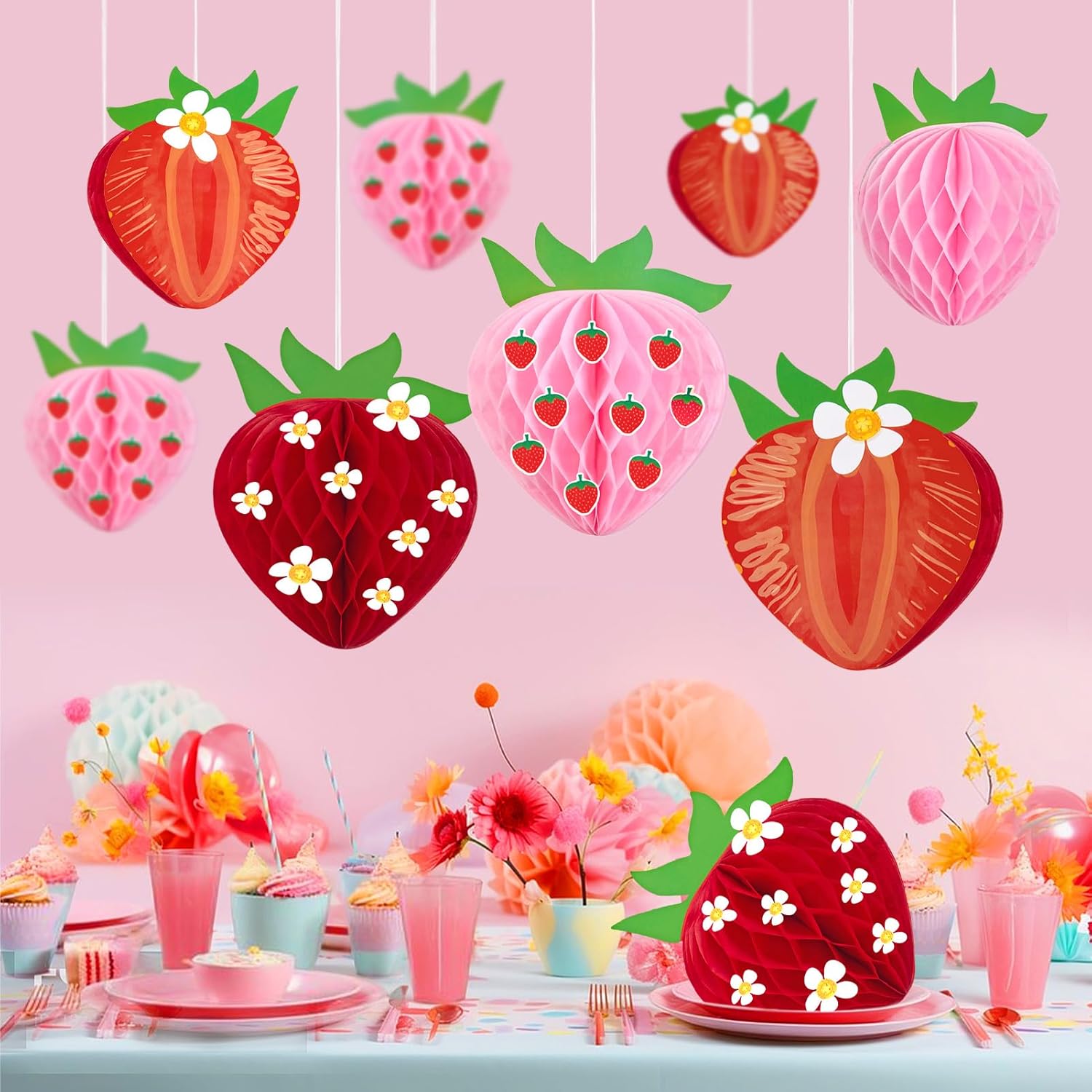 9PCS Strawberry Honeycomb Hanging Decorations