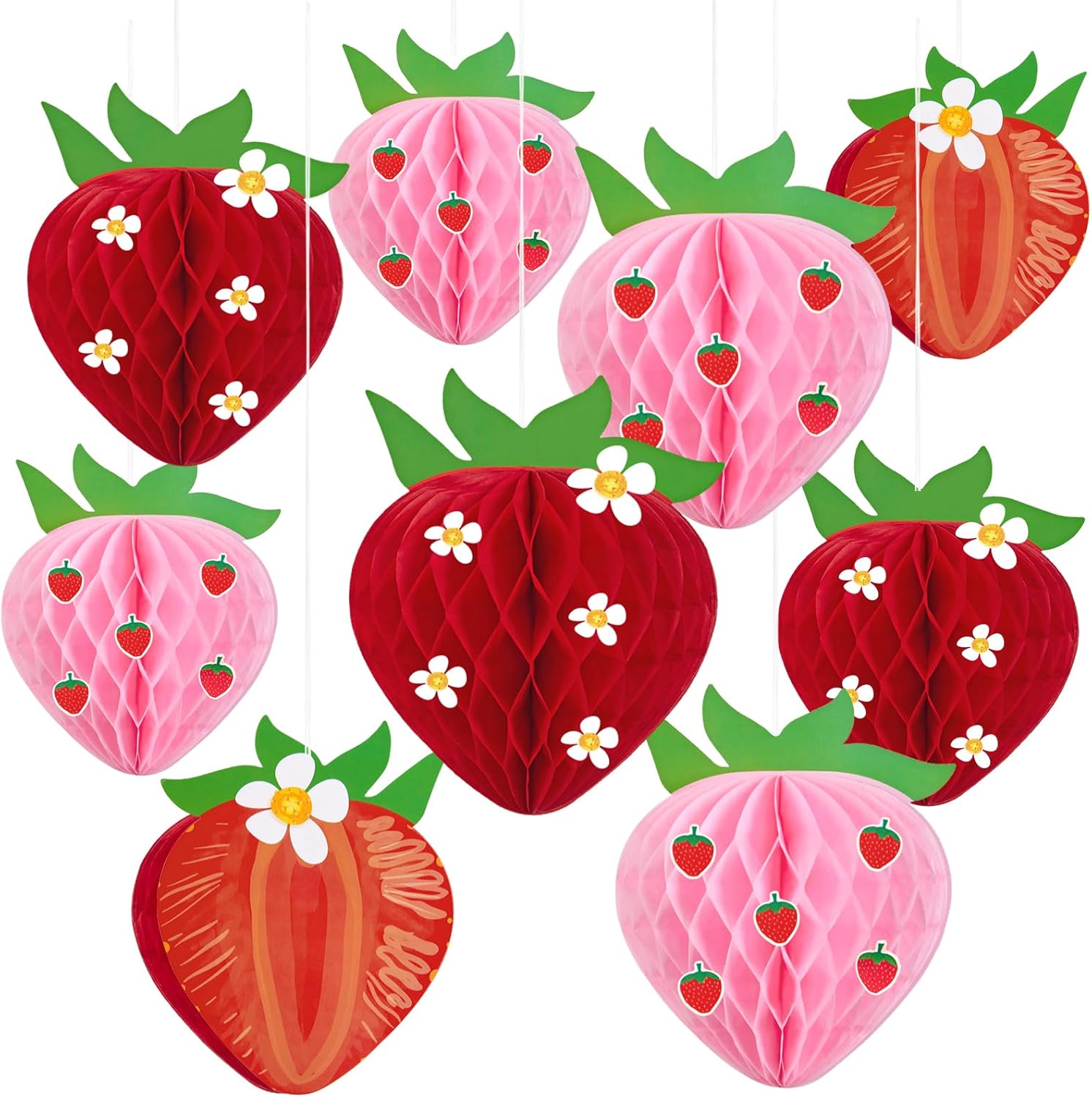 9PCS Strawberry Honeycomb Hanging Decorations