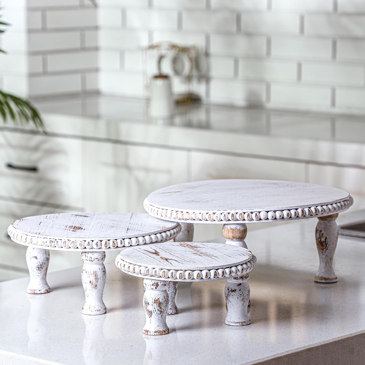 Thyle Rustic Round Wood Tray Riser Set of 3 White
