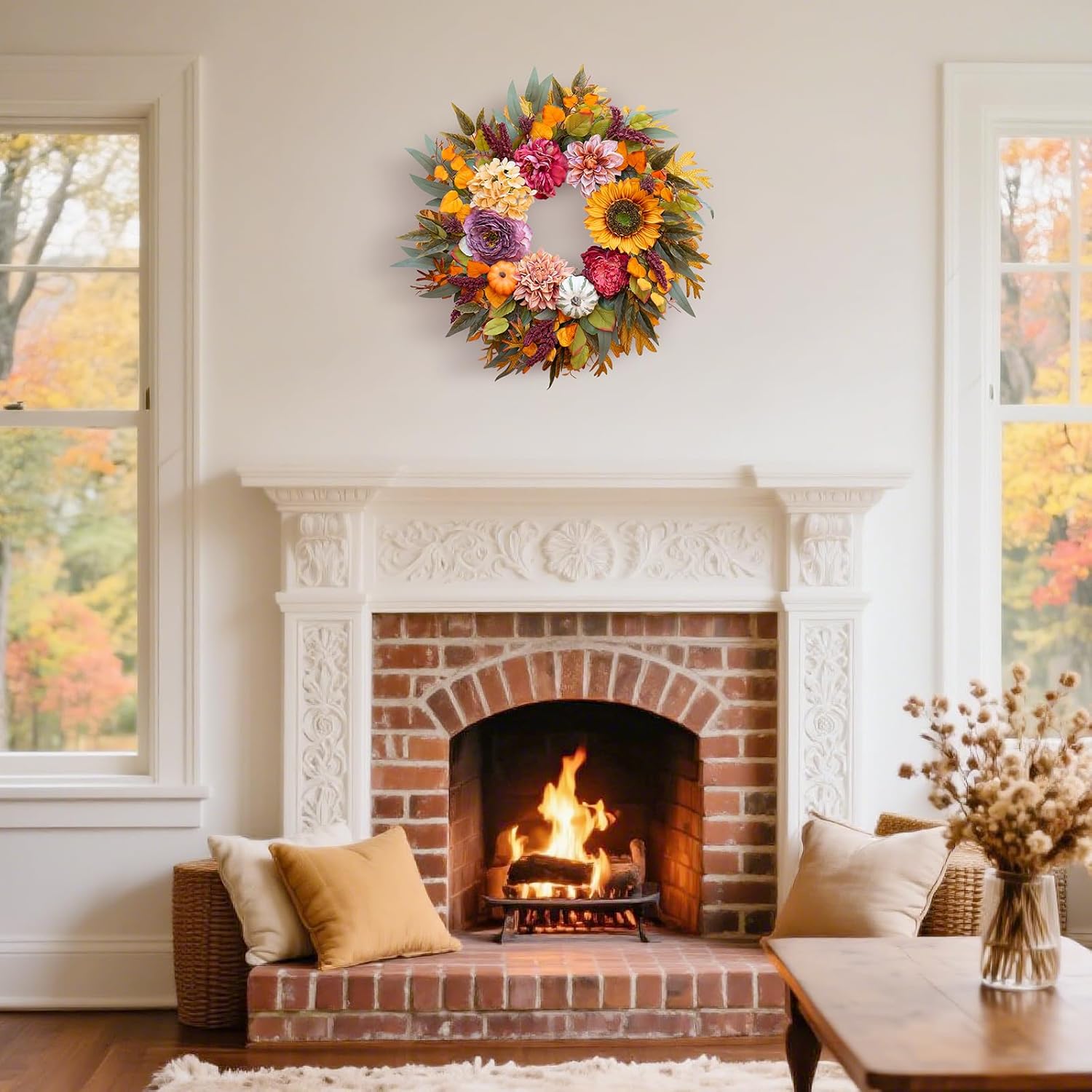 24 Inch Fall Wreath with Sunflowers Pumpkins Peonies Hydrangeas Dahlias Eucalyptus