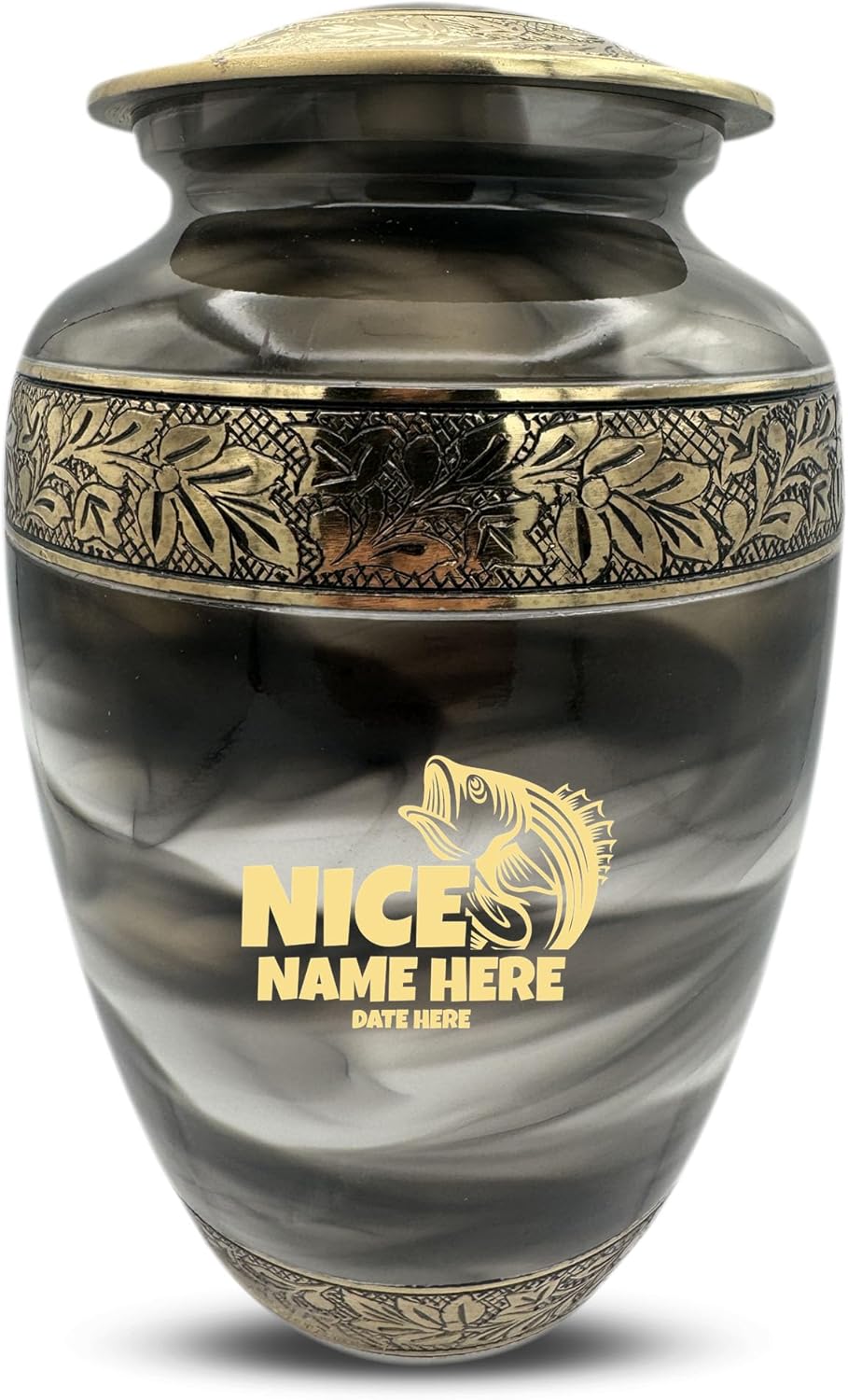 Custom Cremation Urn for Fishing Lovers - Engraved Names Bass Design in Gold
