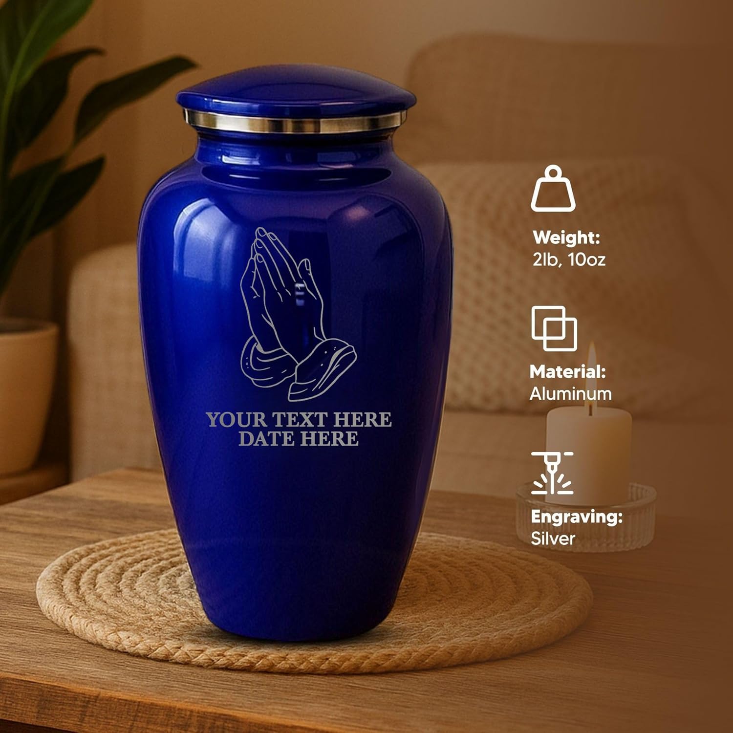 Custom Cremation Urn with Praying Hands Design Purple