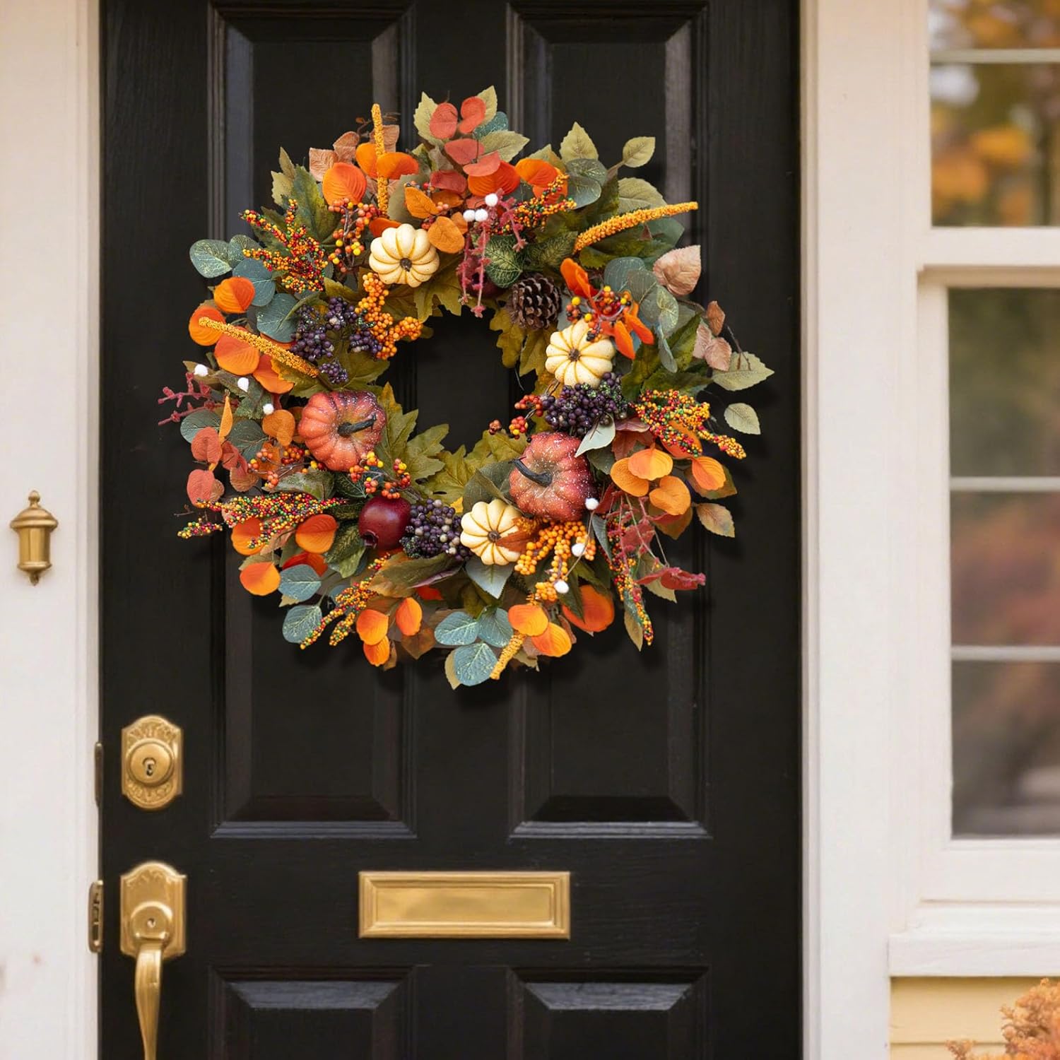 Fall Wreath with Pumpkins and Pinecones 24 Inch