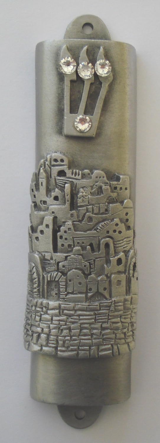 Pewter Mezuzah with Crystal - Jerusalem Mezuzah 1