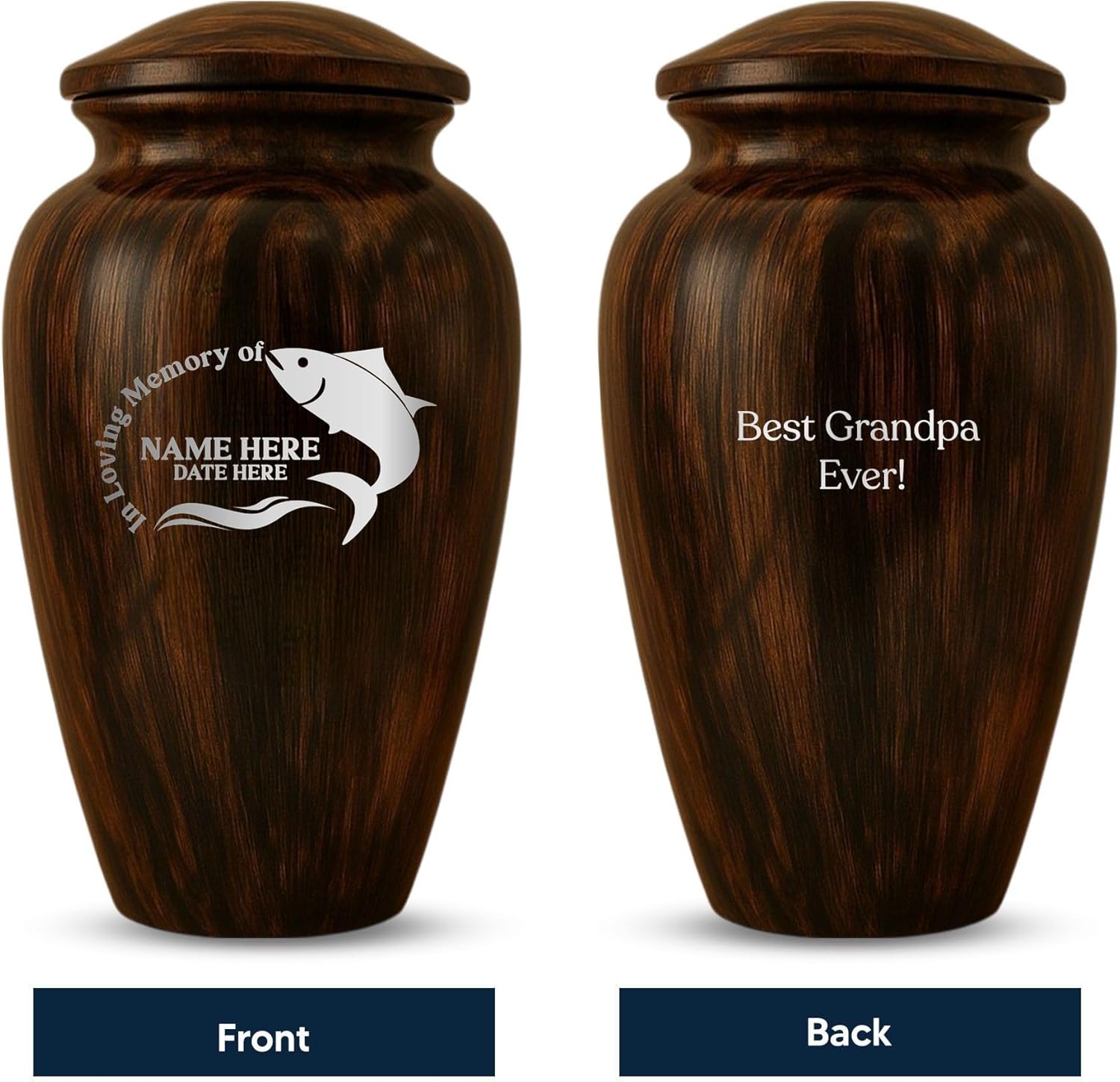 Custom Cremation Urn with Painted Wood Finish and Funny Fishing Design