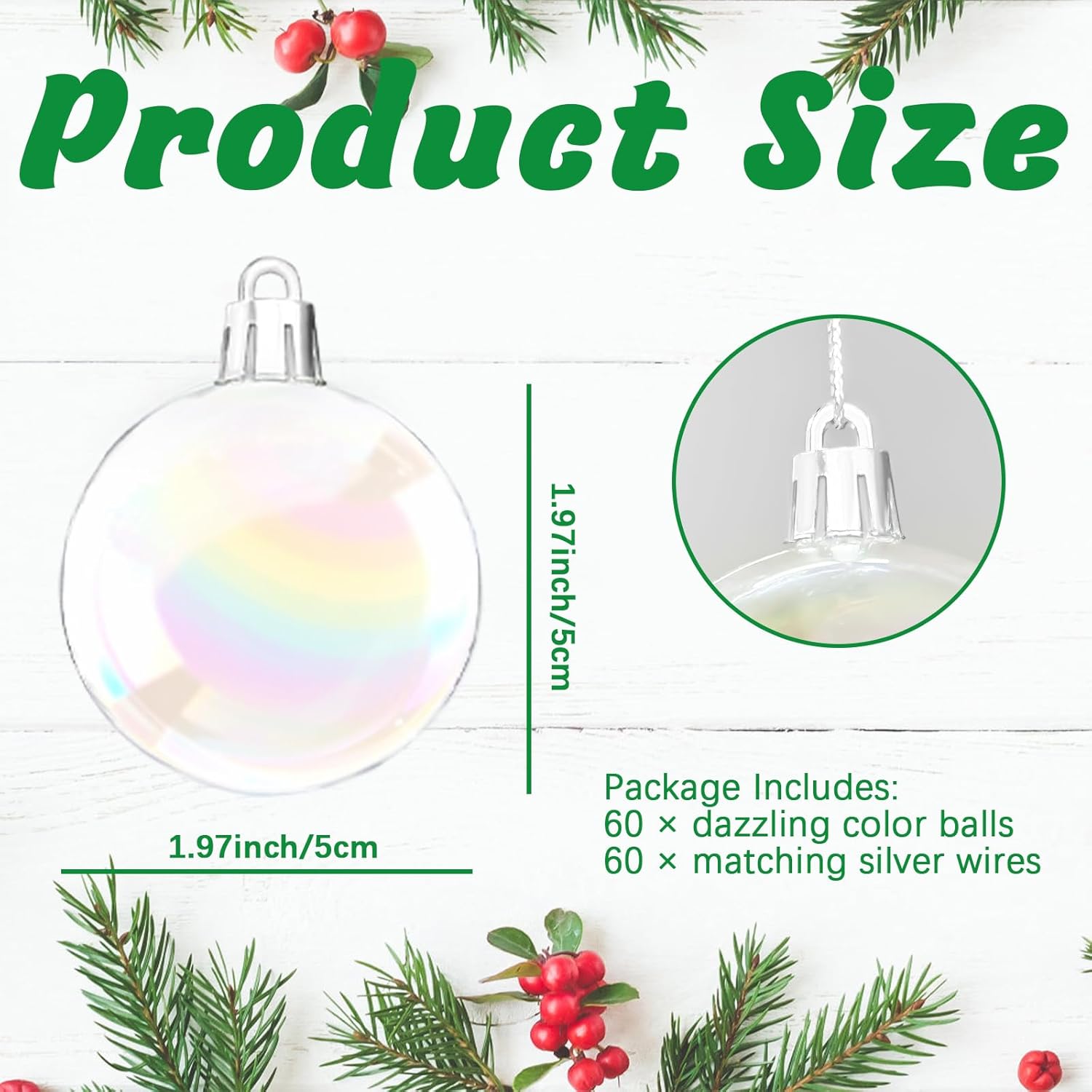60 PCS Iridescent Clear Christmas Balls with Silver Wire