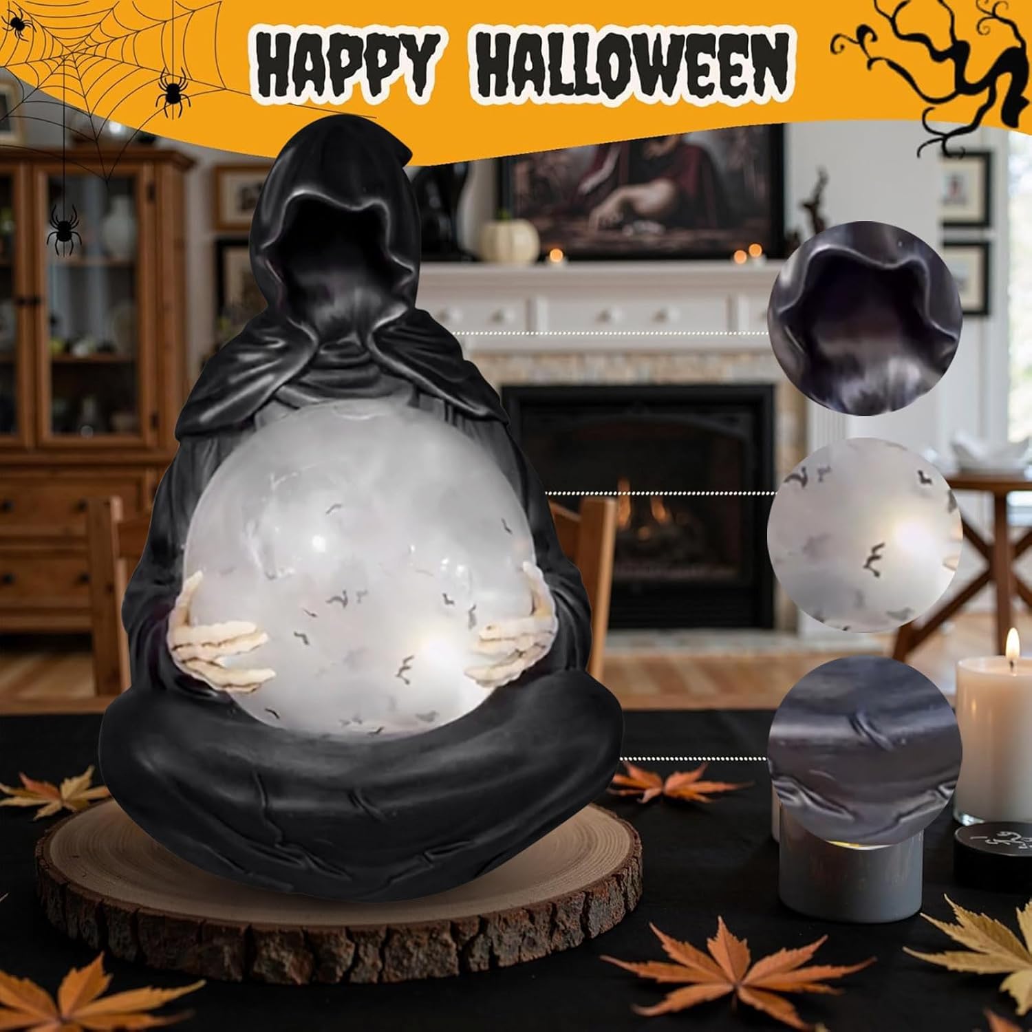 Gothic Reaper Crystal Ball with Floating Bats