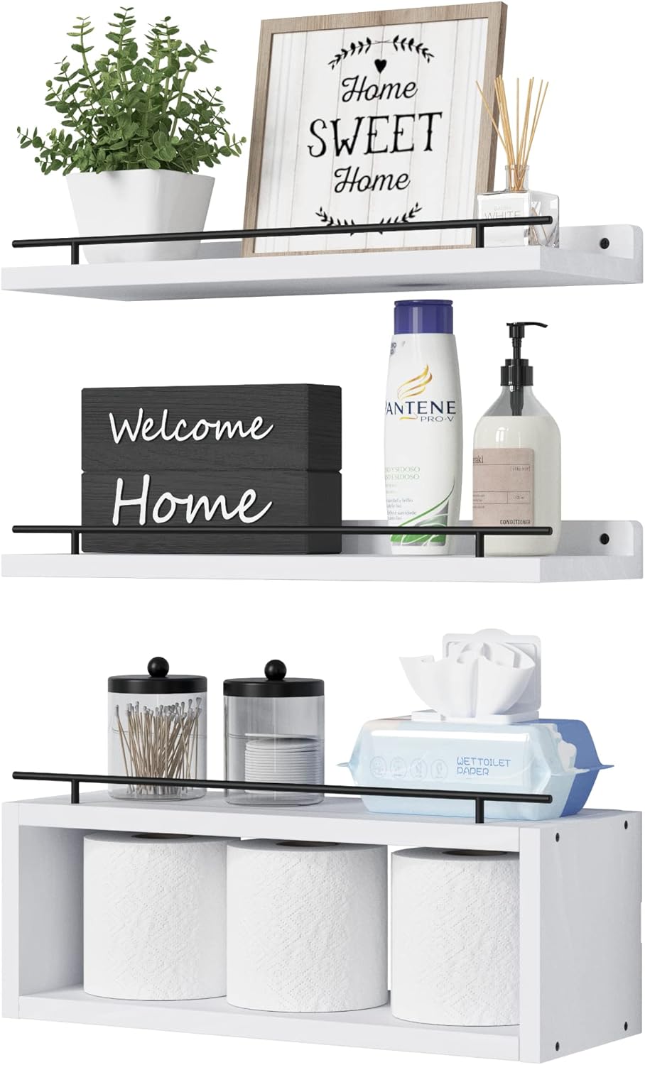 WOPITUES Floating Shelves for Wall with Cube Shelf and Metal Rail