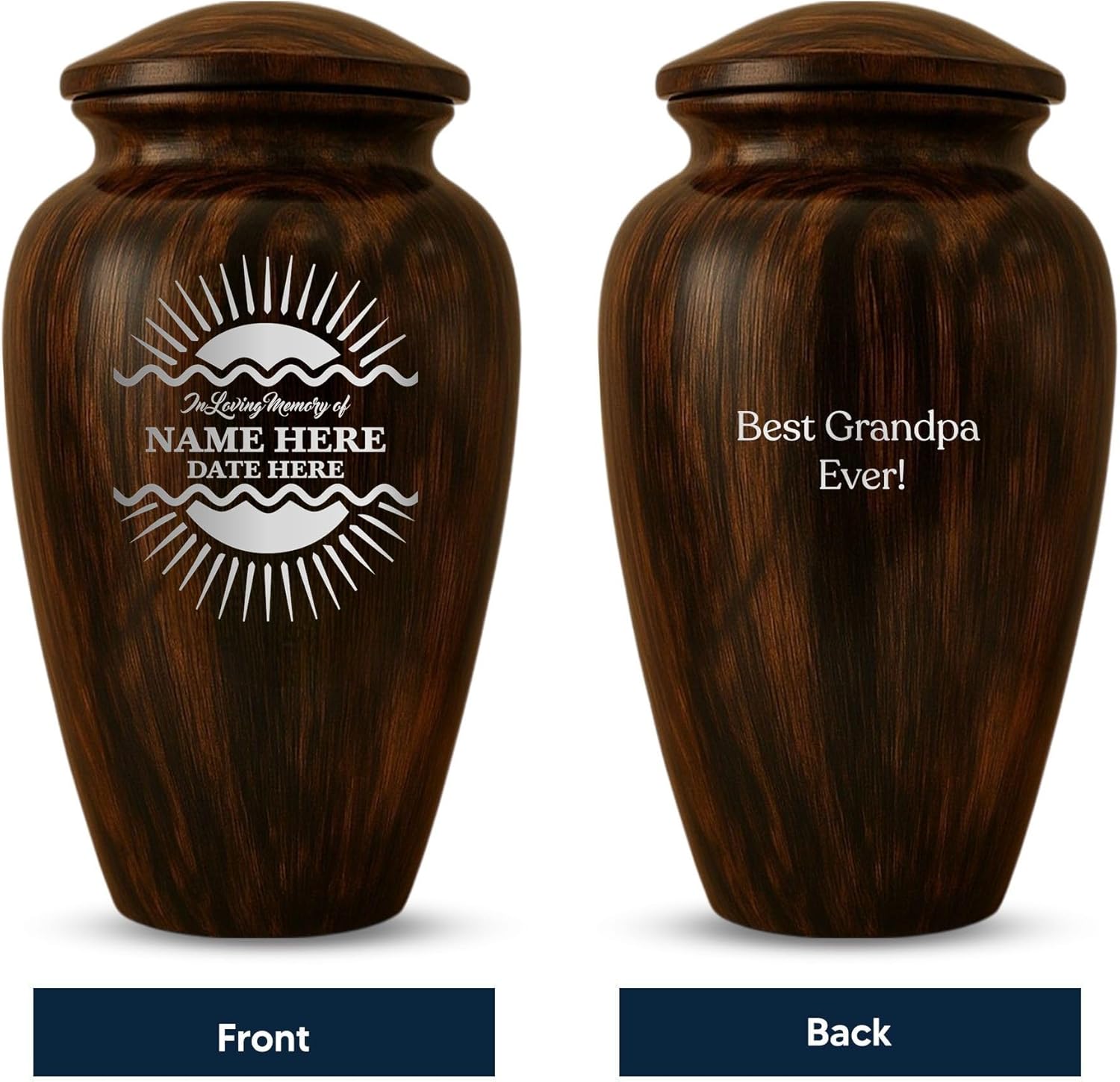 Custom Metal Urn with Painted Wood Finish and Sunbeam Design