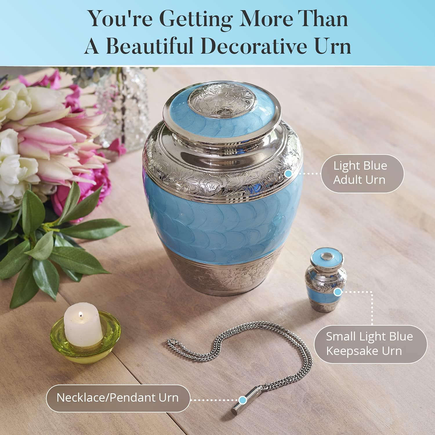 Light Blue Urns for Human Ashes - Handcrafted with Cremation Necklace