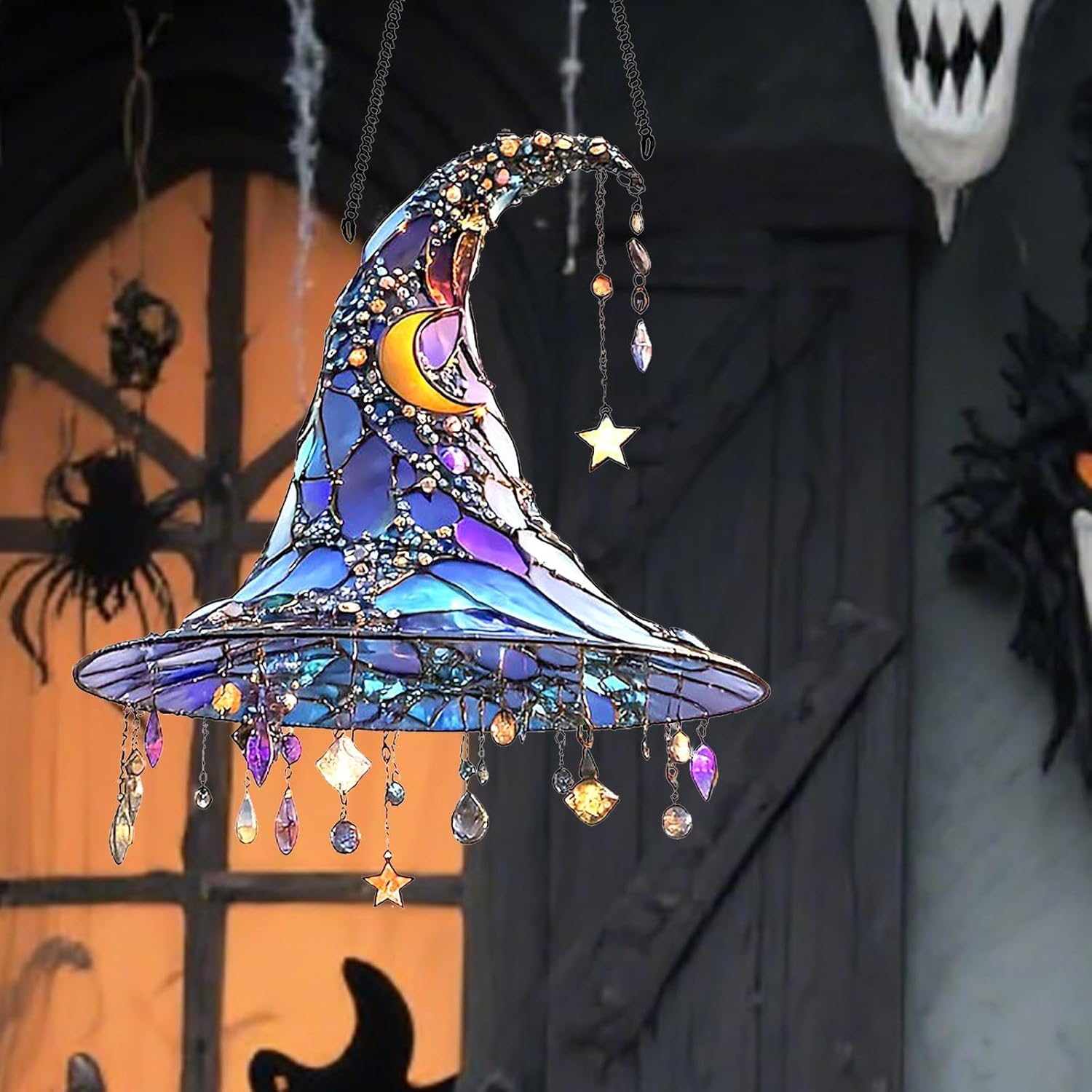 Halloween Witch Hat Hanging Ornament - Sparkling Stained Glass Effect