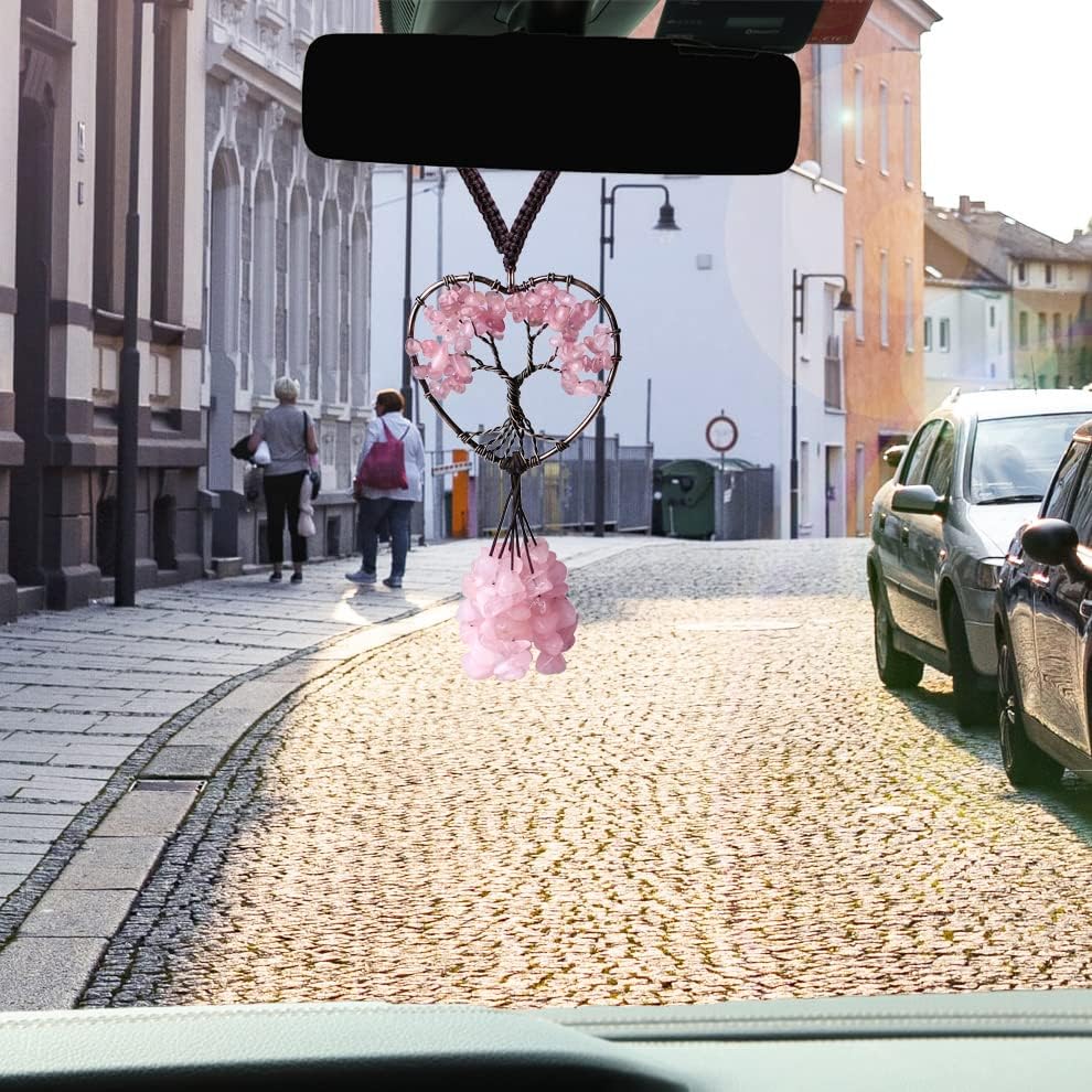 DUQGUHO Pink Car Mirror Hanging Ornament Rose Quartz