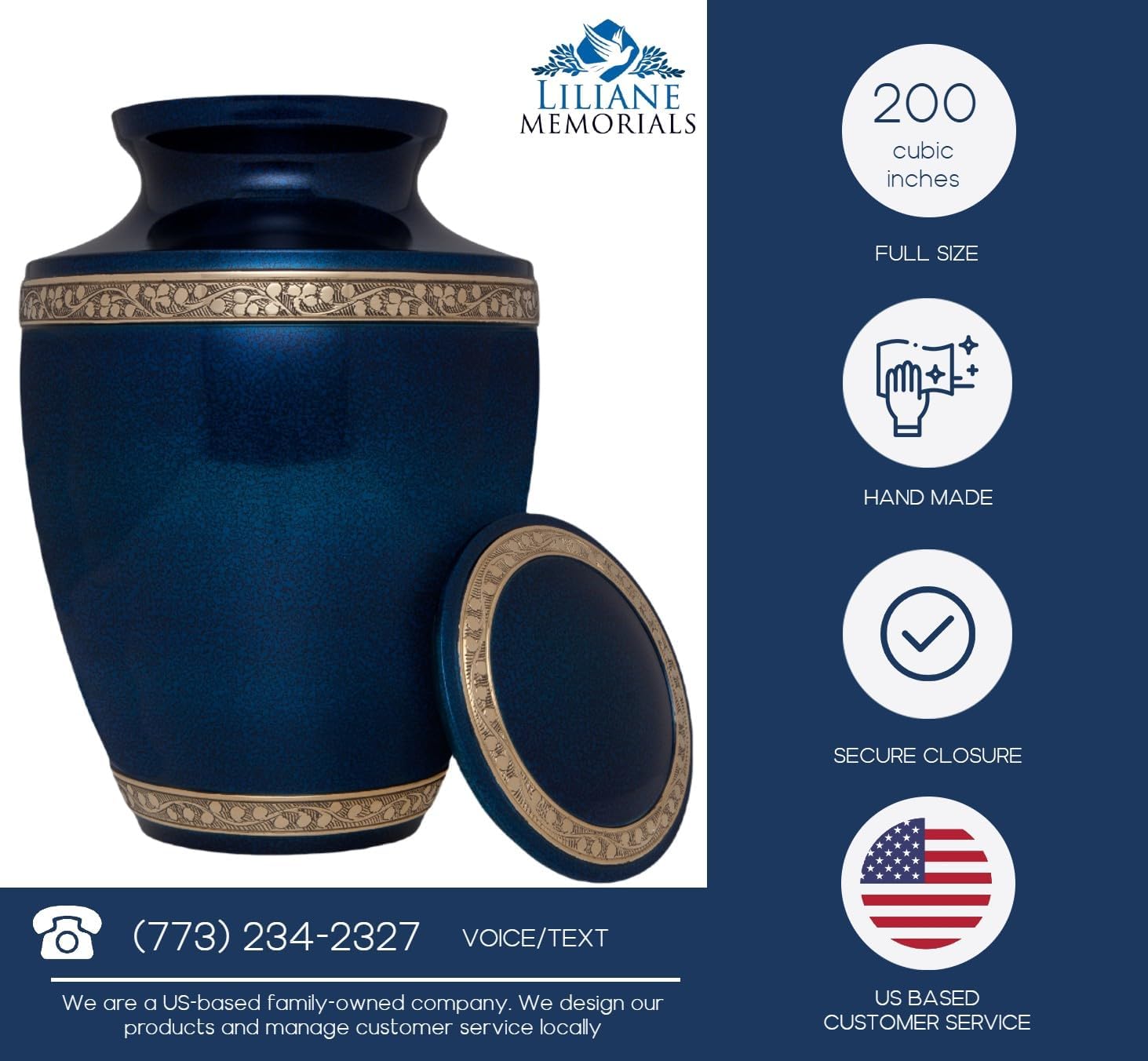 Blue Brass Cremation Urn - Torino Model for Adult Ashes