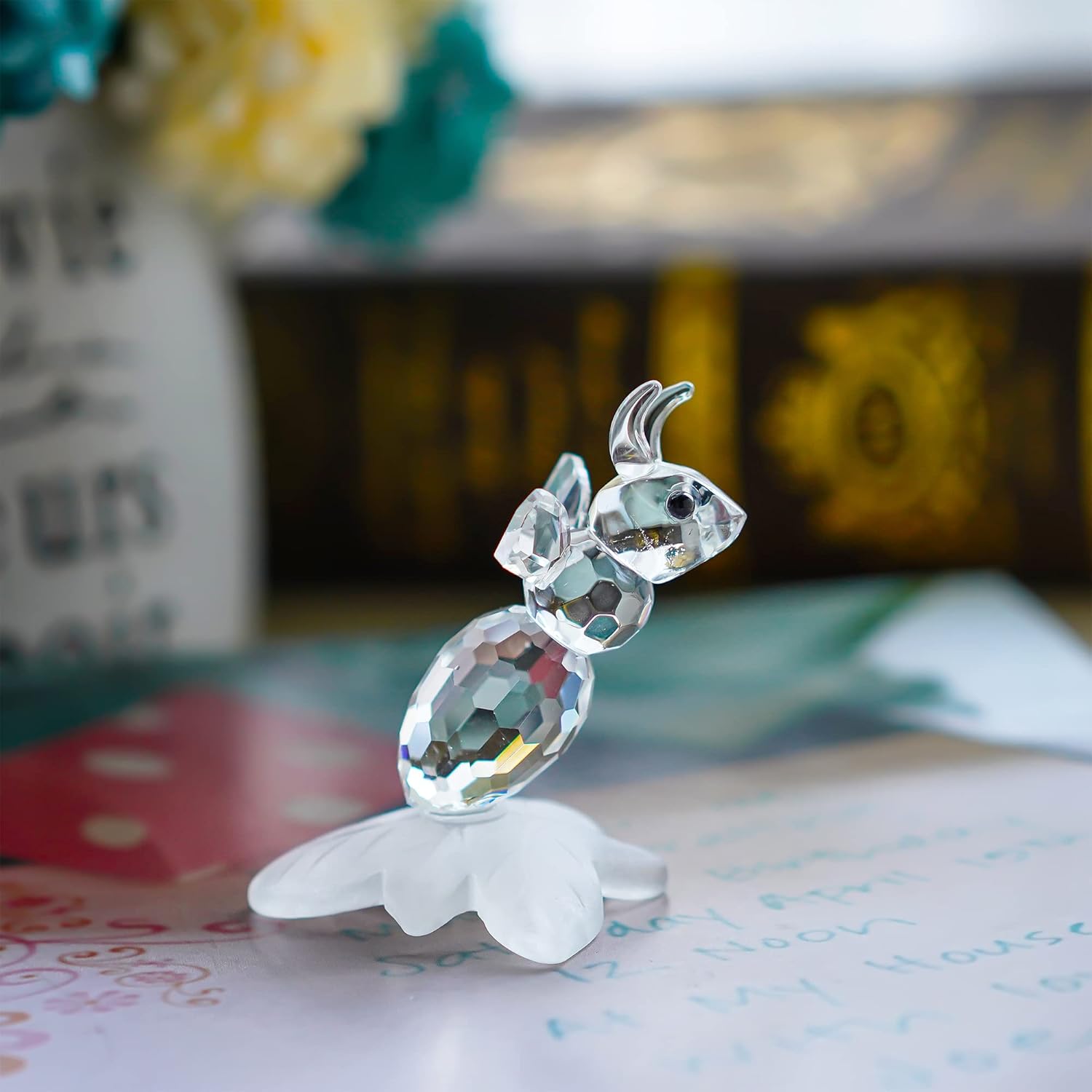 HD Pink Crystal Butterfly and Bee Figurine with Crystal Ball Base