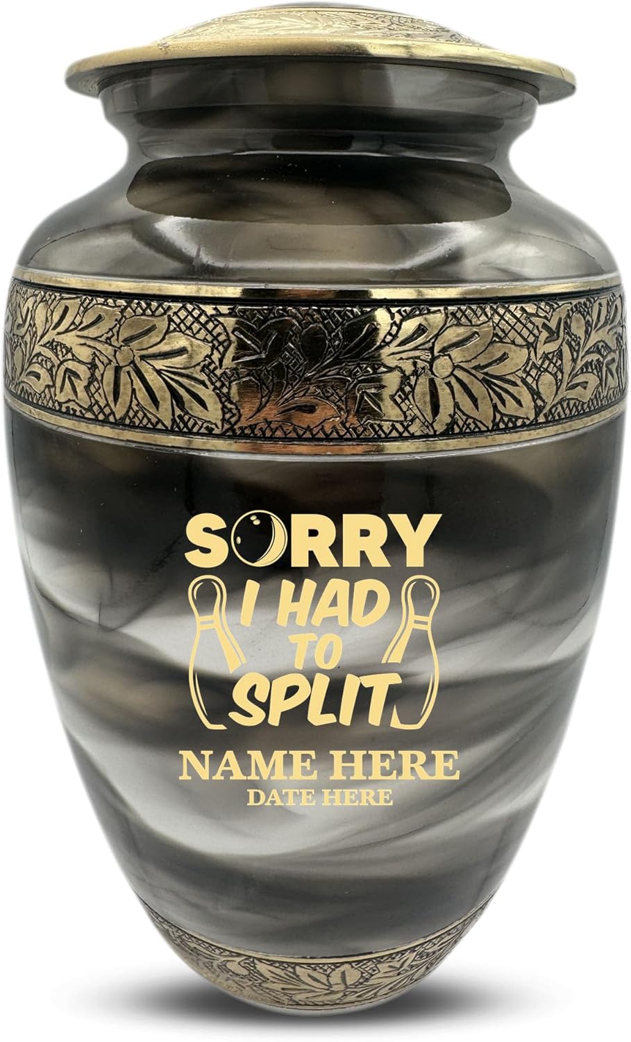 Custom Cremation Urn with Gold Engraving and Bowling Theme