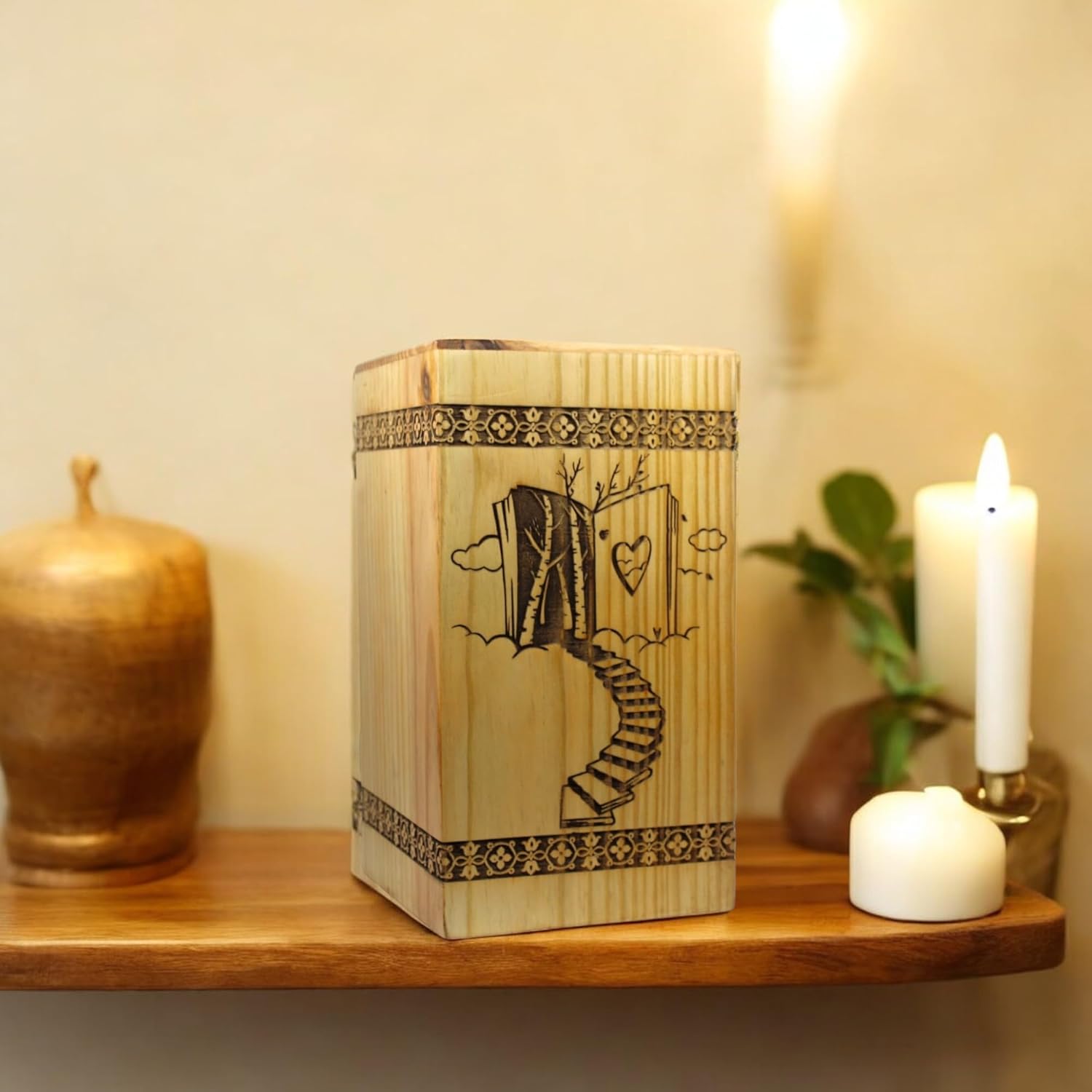 Handcrafted Wooden Cremation Urn with Stairway to Heaven Design