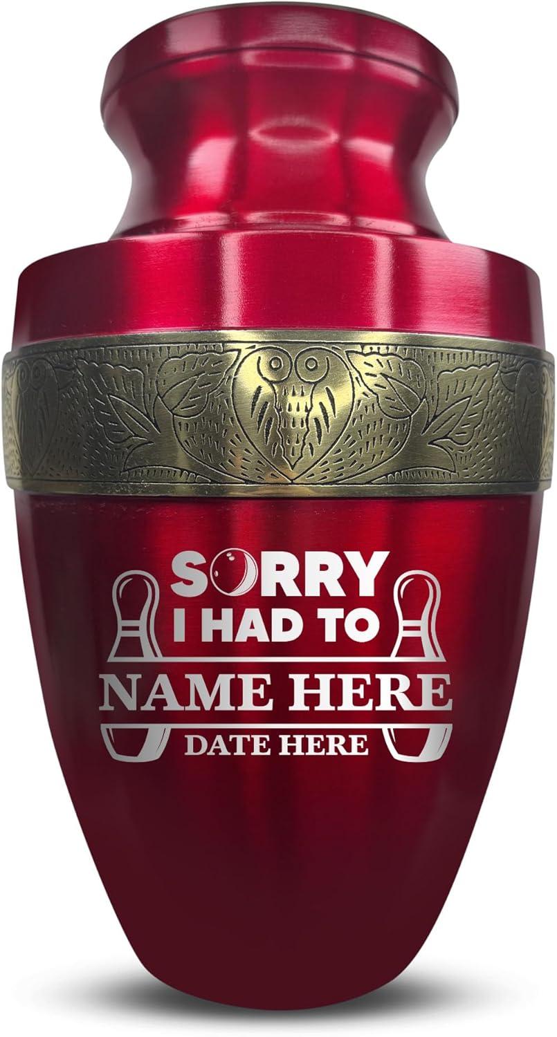 Elite Funny Bowling Urn with Custom Engraving Gold Rim 200 Lbs Capacity Red