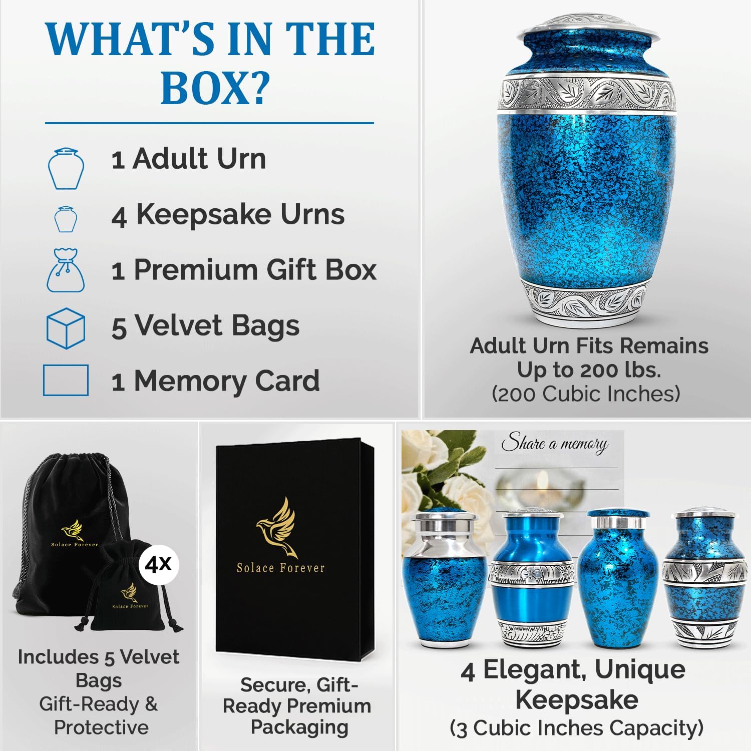 Elegant Cremation Urn Set - 1 Large Urn 4 Small Keepsake Urns