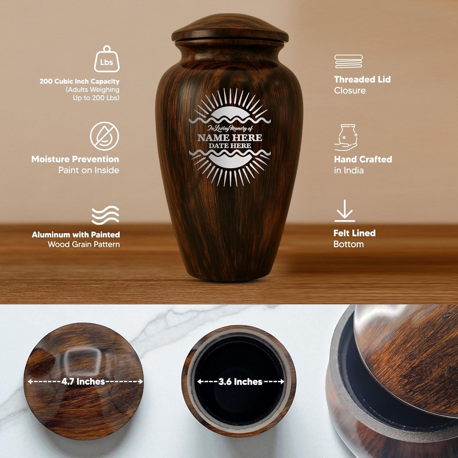 Custom Metal Urn with Painted Wood Finish and Sunbeam Design