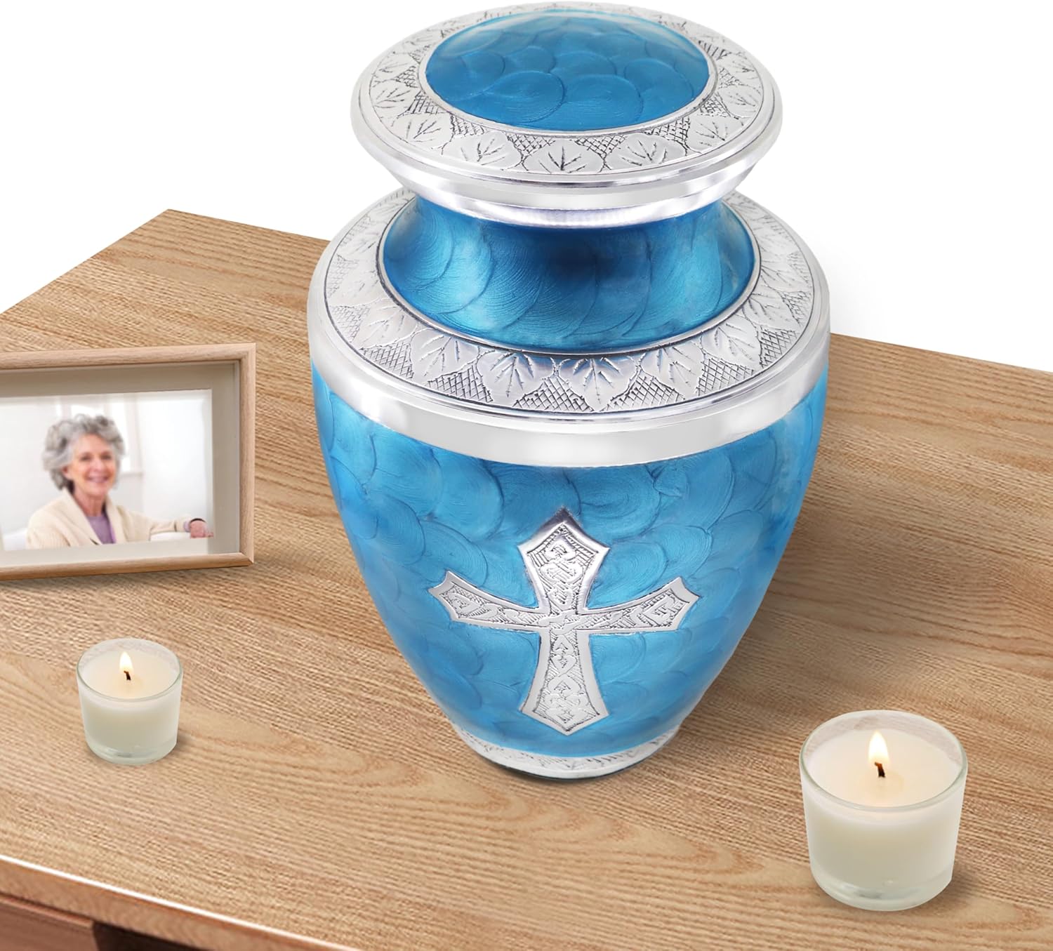 M Meilinxu Turquoise Cross Urn for Human Ashes