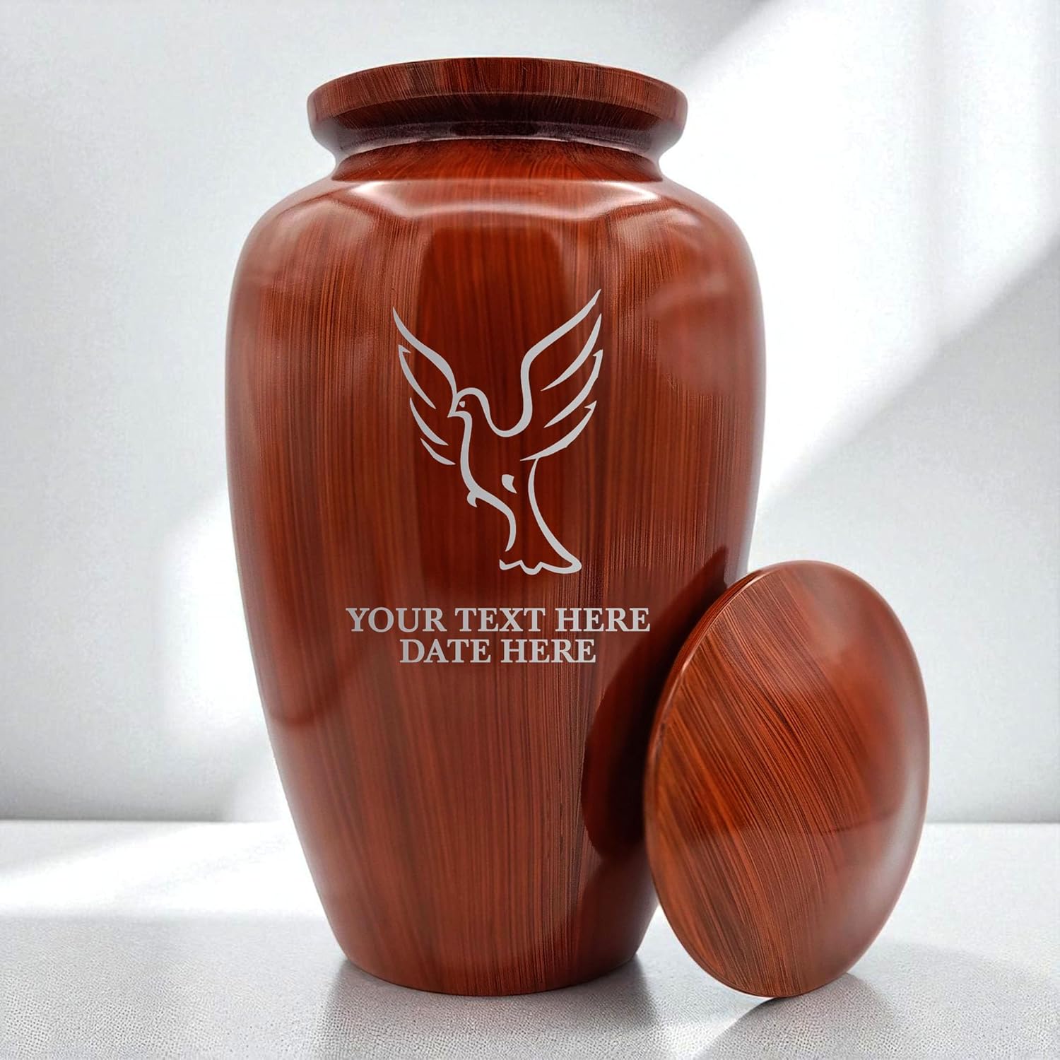 Custom Cremation Urn with Painted Wood Finish and Engraved Dove Design