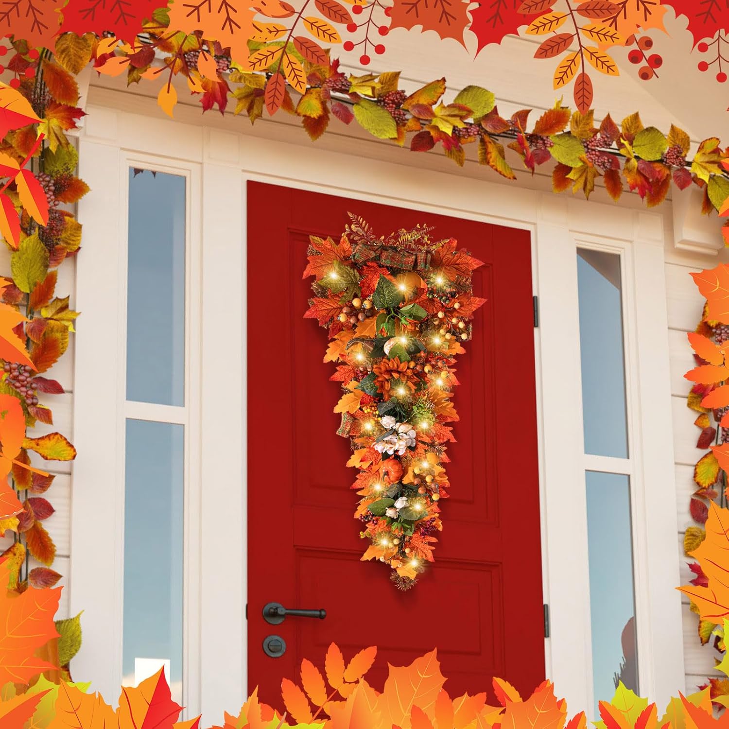 Hotop 2 Pcs 36 Inch Artificial Fall Wreath with LED Lights
