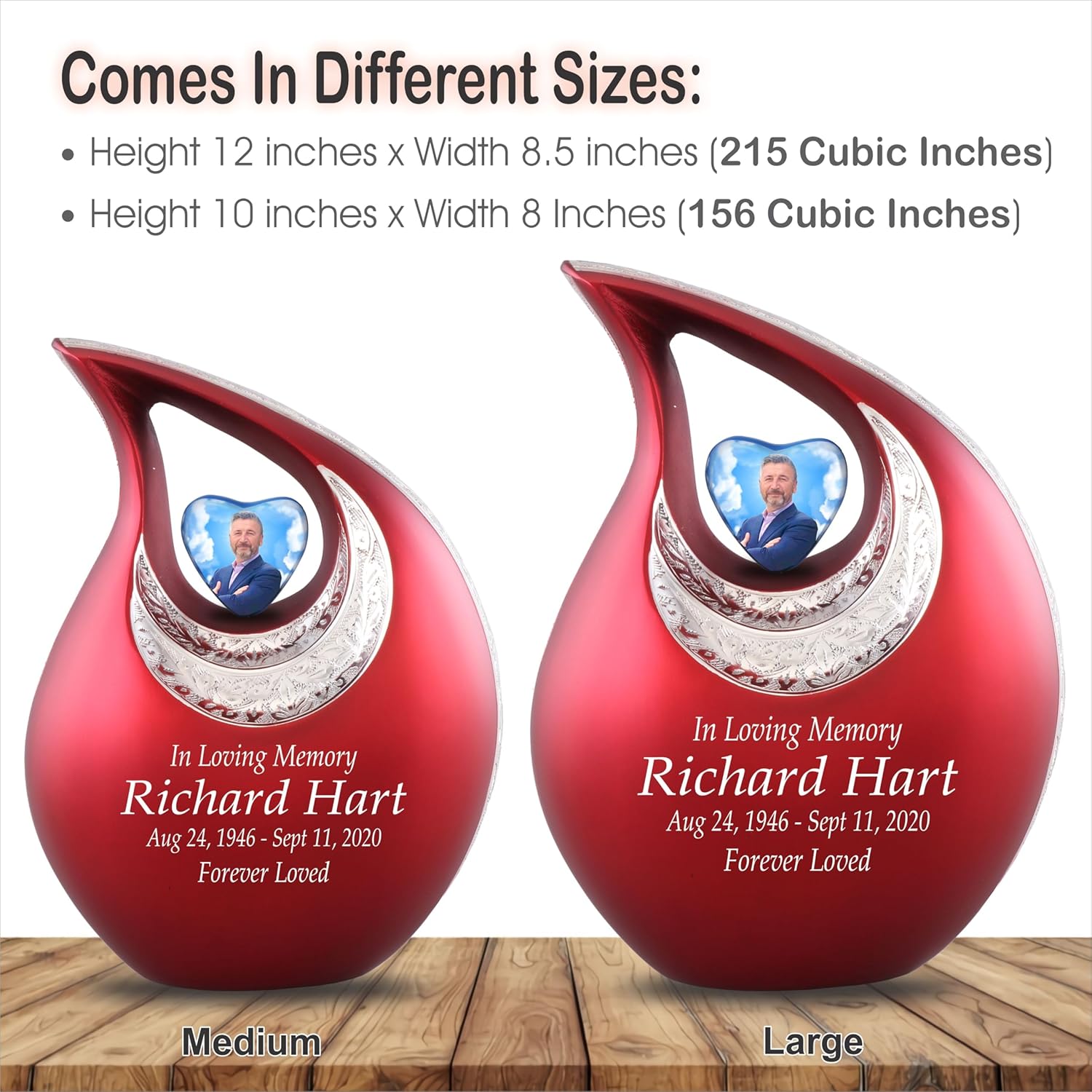 Personalized Photo Text Red Teardrop Cremation Urns for Adult Ashes