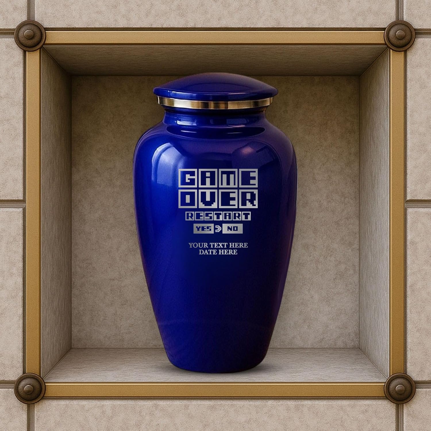Custom Cremation Urn Metal Vessel Game Over Design Purple